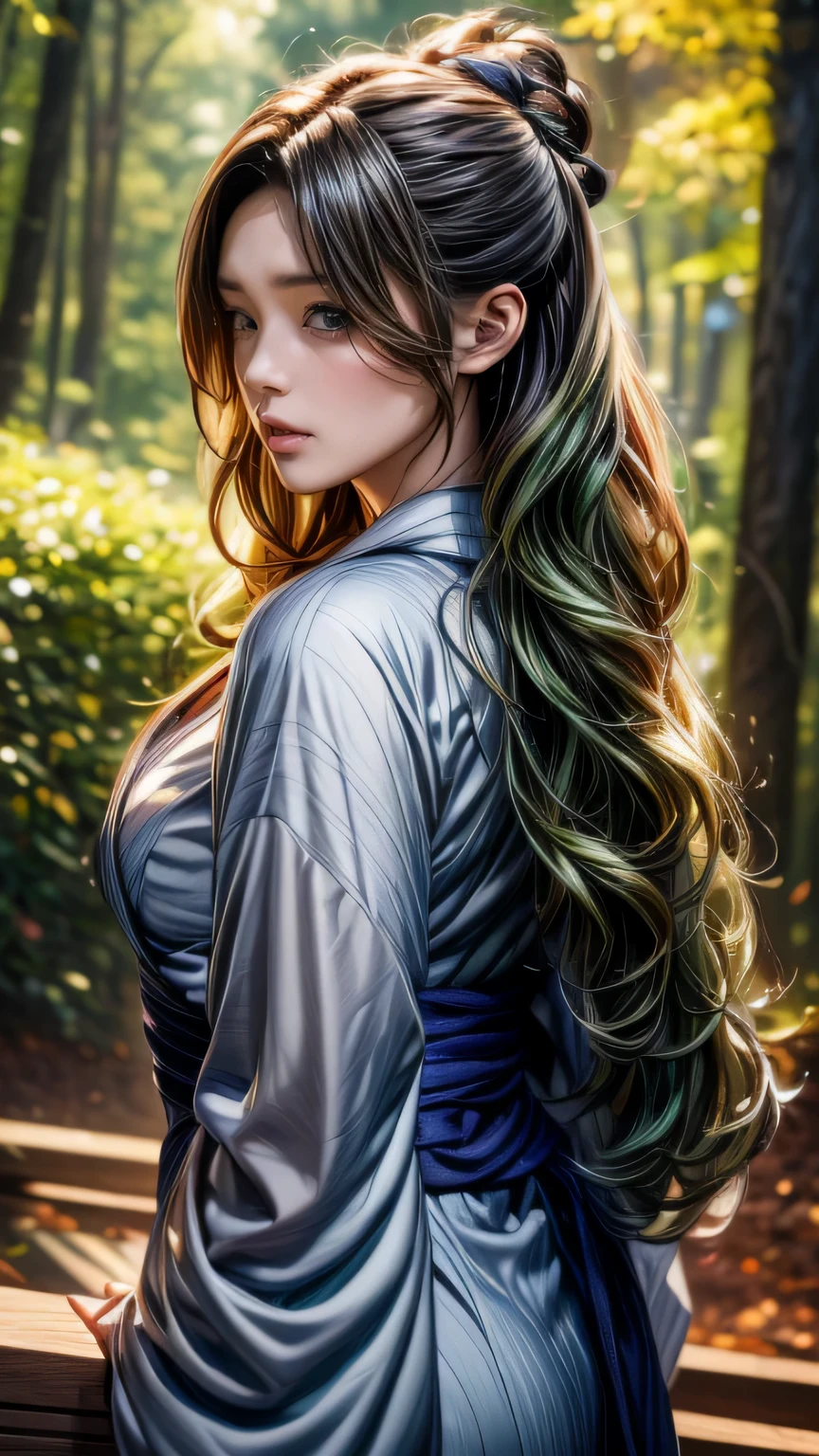 Photographed in a forest of autumn leaves、High resolution photos。Gorgeous young woman posing、Surrealistically drawn in Unity 8k。she is slender and curvaceous、Long curly hair flowing down her back、With detailed faces and eyes、It looks like it shines in the dark。(She is black･green･Wearing a white bell sleeve yukata)、1 girl, ((masterpiece、highest quality、Super fine、High resolution))、4K quality、((Beautiful woman))、22 years old、wet skin、shining eyes、perfect eyes、((Beautiful Nordic girl))、((long wavy hair))、Portrait、(((Wearing a bell sleeve yukata)))、masterpiece、highest quality、Super fine、High resolution))、4K quality、