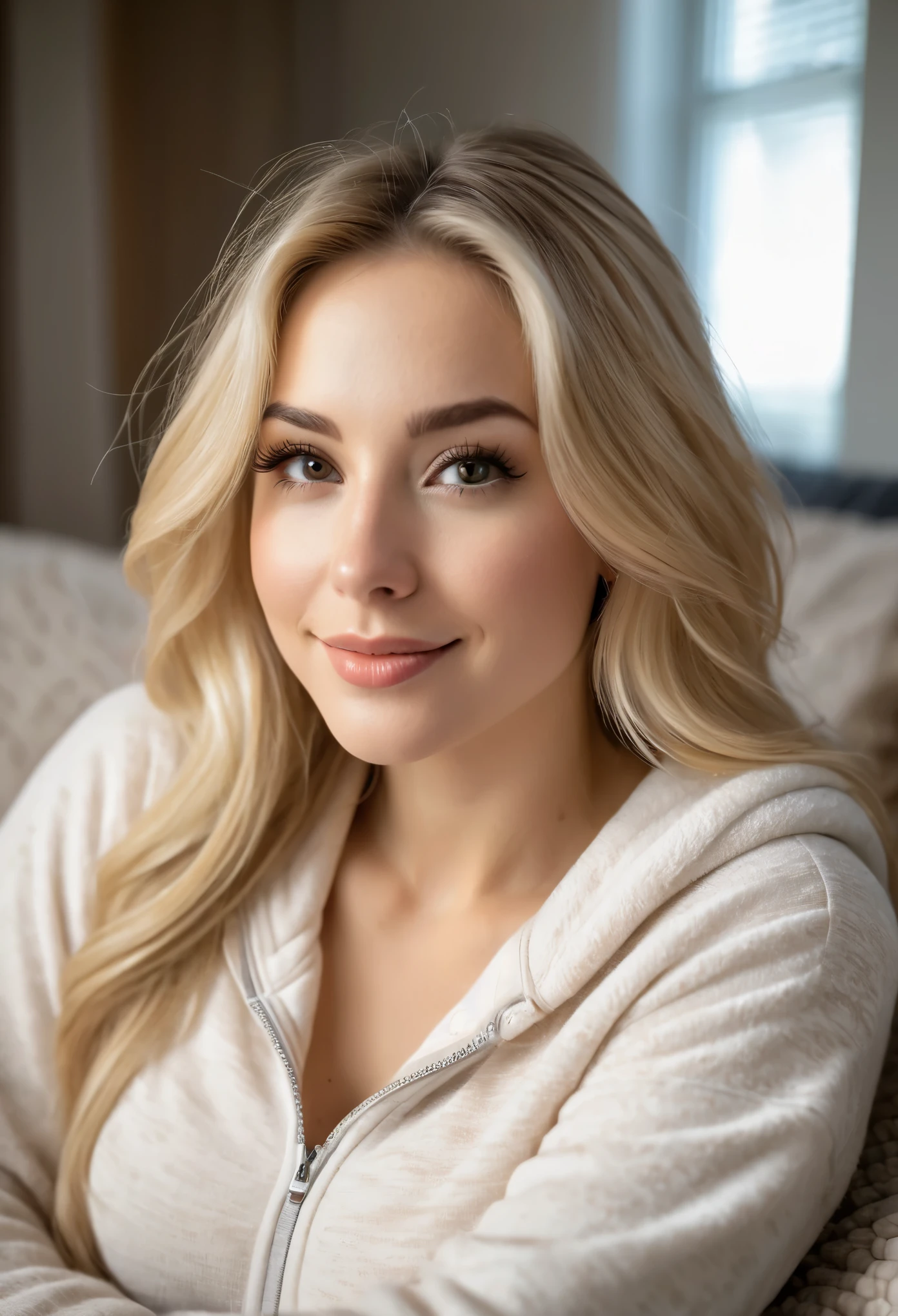 Raw photo, solo female, american, best quality, high resolution, photorealistic, hyper detailed, beautiful woman with (long brushed silky blonde hair:1.2), taken (webcam photo angle:1.2,), ((wearing complete top and bottom casual loungewear:1.2)) comfy clothing, polar bear patterned graphic, (interior cozy suburban home, (afternoon)), (comfortable), lovely sweet woman, dimples, ultra high res, RAW, relaxed arms, (hands are not in her lap), open, inviting gestures, hands on pillow, warm and pleasant, posting from home living room, snuggling inside, feeling lazy girl, intimate POV, (she's close to webcamera:1.3))、a beautiful woman (High detailed skin:1.2), detailed eyes, stunning eyelash details, perfect hazel pupils, ((video call)), ASMR raw photo, (blushing:1.7,slight smile ), Leica camera quality, Digital SLR, Soft lighting, High quality, FujifilmXT3, afteroon sun、Taken inside her home、Sit down close to her, skin peachfuzz and pore details, radiant、natural Golden blonde hair pulled back, A slight smile、american south Swedish, eye gazing with her, intimate relaxed style photoshoot
