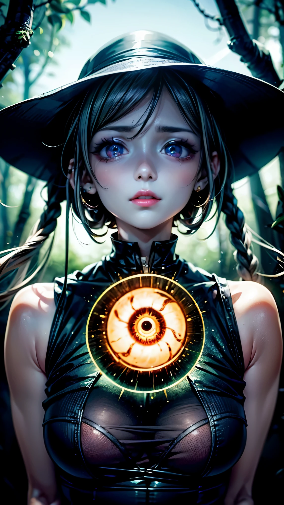 [author：Junji Ito], Dark horror scene, [Detailed shadows], [vein], (Bioluminescent Mushroom Forest), 1 girl, huge cosmic eye, shed tears, Spiral fungi, high dynamic range
