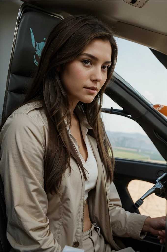 Show me a girl with long brown hair with a butterfly cut and a commercial pilot's suit.