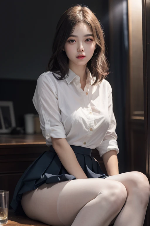 ultra realistic 8k cg, picture-perfect face, flawless, clean, masterpiece, professional artwork, famous artwork, perfect face, beautiful face, beautiful eyes, ((perfect female body)), solo,(immersive atmosphere, chiaroscuro:1.5,bright light:1.2,luminous lighting)
,,(blush:0.5),seductive expression,extremely detailed_eyes,thick thighs,large breasts,
beautifully detailed background,depth of field,realistic:1.3, long shot,1girl,shirt,pleated skirt, , sitting, full body,
(ambient light:1.3),(cinematic composition:1.3),(neon lights:0.1),(HDR:0.1),Accent Lighting, white pantyhose,