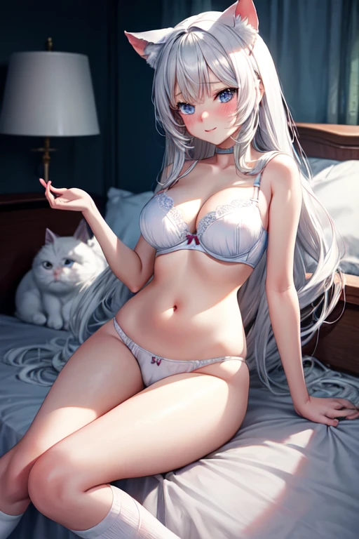 A beautiful anime Neko girl. She has long white hair that covers her ears and white cat ears. The girl has light blue eyes and a slight blush runs across her face. She has medium breasts and large thighs. The girl is only wearing a tight white bra, tight white panties, and tight white socks. The girl is gigantic as she looks down at the camera. Her legs are in a wide open and are in a circle. The girl is inside a house next to a bed with pink sheets. The girl is laying on the bed. High resolution, best quality, bust shot, anime, anime girl,