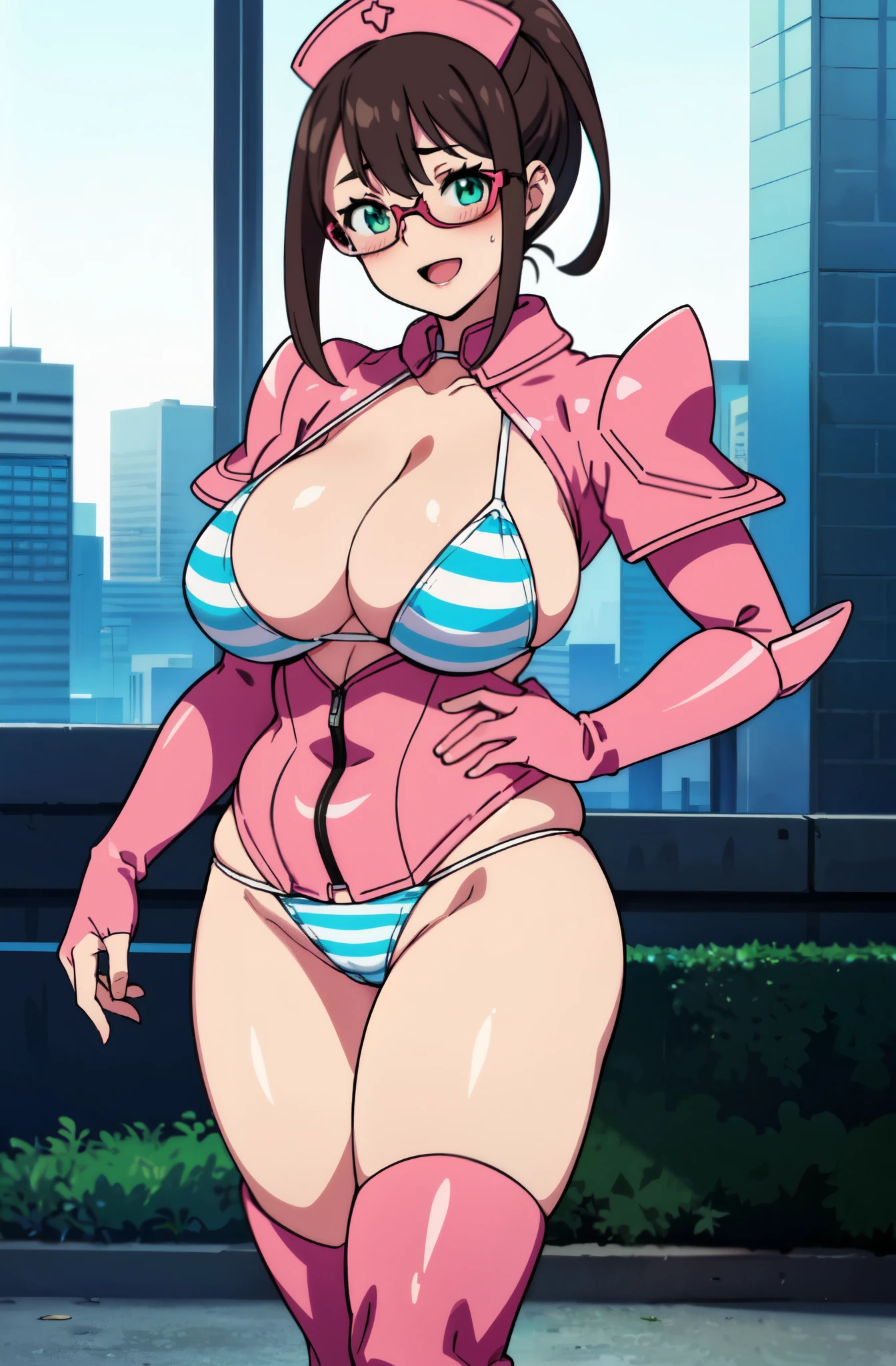 highest quality, High resolution,Anime Screen Capture, SF、realistic, masterpiece, highest quality, perfect anatomy, (fine eyes)、green eyes,((Light pink sci-fi suit、pink armor、striped bikini、mini skirt、obesity))、(wide hips、wide ass)、nurse cap、belt、thigh boots ,(huge breasts:1.2), blush, (embarrassing), :d, Dark brown hair in a ponytail、(((put your hand on your chest)))、(Are standing)、((red rim glasses))、city