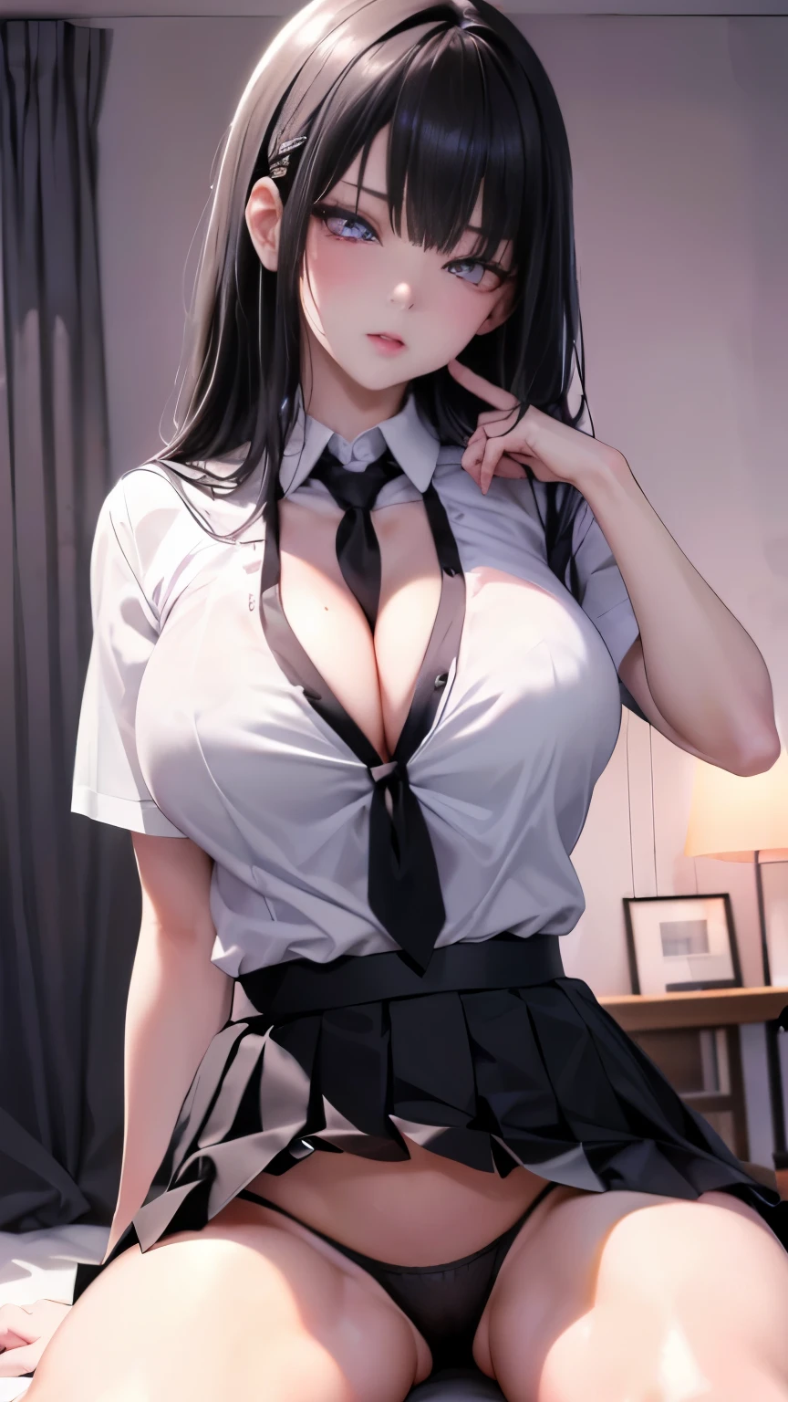Cinematic lighting、(key light:Front diagonal 45 degrees, fill light、Backlight、shadow、blue and orange color palette), accurate human body、detailed person、Correct five-finger、RAW photo、 4K - ultra-vivid、highest quality, masterpiece, 超High resolution, (reality: 1.4),
(((oil skin,sparkling skin、realistic skin texture、detailed beautiful skin、shiny skin、shiny skin)))、
upper body shot, camera angle is low, Depth of the bounds written, Focus on the center, fine eyes, perfect face and eyes、
open your legs、1 cute girl, highest quality、ウルトラ - High resolution、High resolution、Detailed CG、8k unit wallpaper、20-year-old、美しくてfine eyes, black hair、colorful hair、(((black and purple super shiny latex panties)))、((( black skin , White shirt with tie , high school girl、cropped shirt , pleated skirt , cleavage ,oil skin)))、(shiny body: 1.5)、 please be shy、(Ahegao:1.5)、((black mask))、full of embarrassment、sexy pose、((vapor))、On the bed in a love hotel、(((pink lighting)))、A dimly lit, lewd room、Desaturation in the room