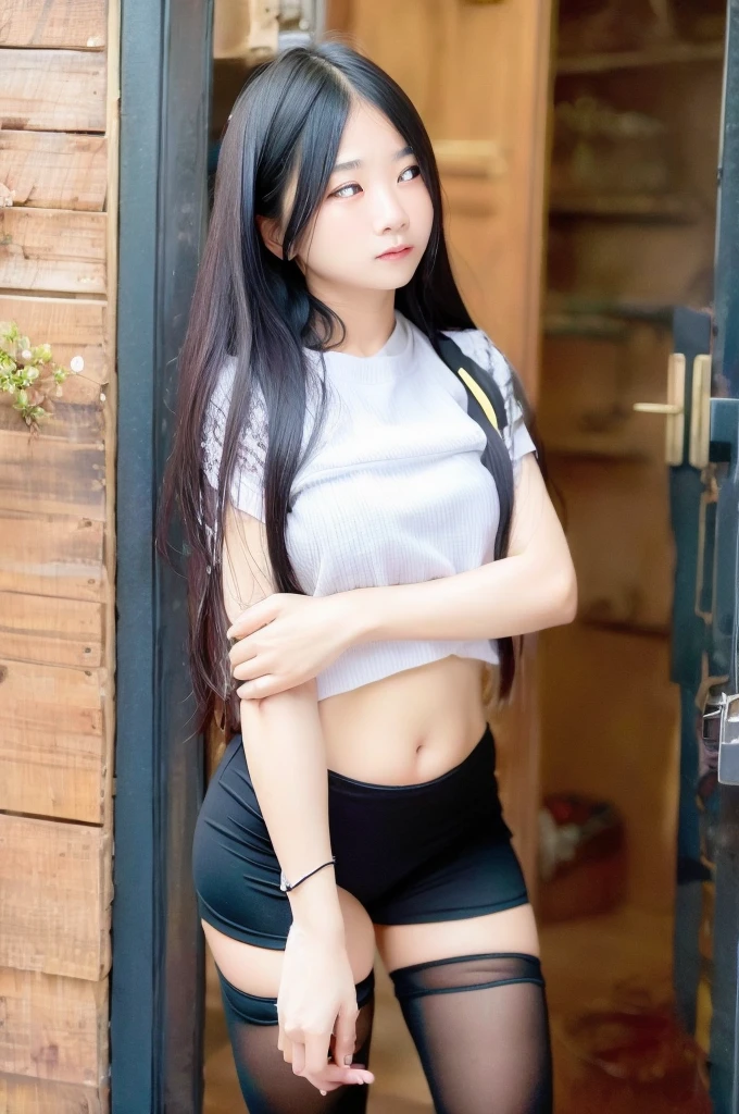 (best quality:1.4), (ultra high definition:1.2), (lifelike:1.4), (8k, original photo:1.2),(Portrait shoot:1.3), Meng Bo, 1 girl, alone, long hair, black hair, Upper body, navel, 