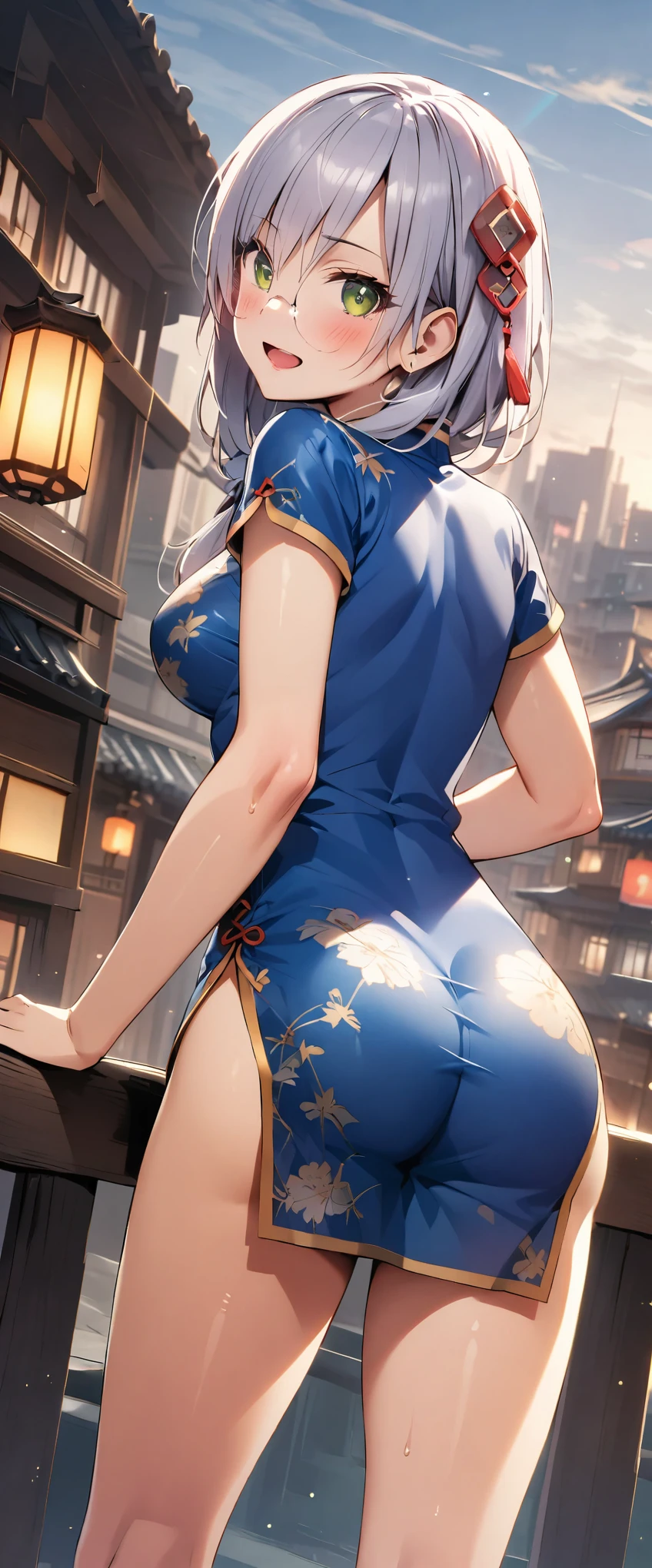 woman,20-year-old,city,(((Silk cheongsam))),,open mouth smile(()),blush、,((turn around and look back))()Reflecting the buttocks