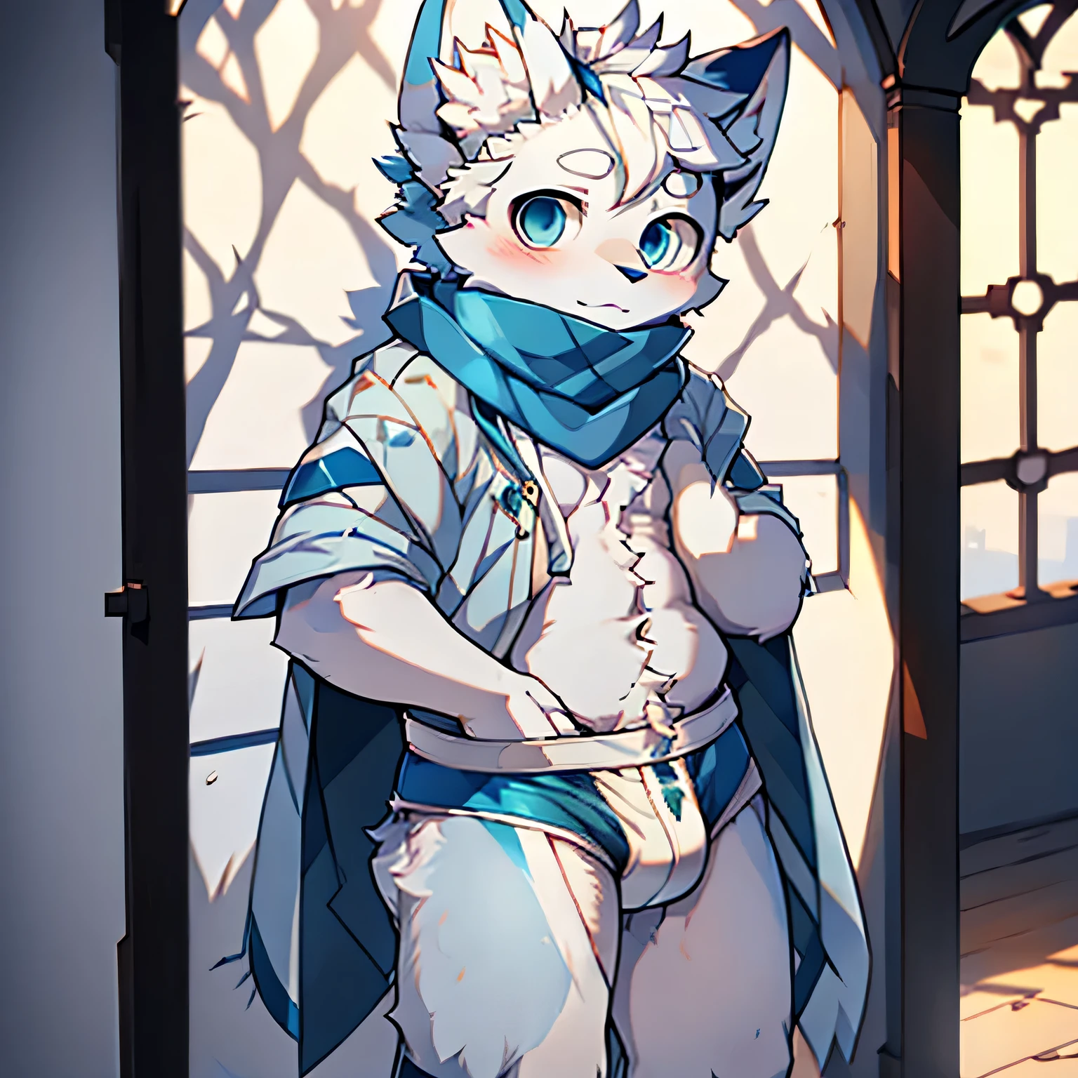 (hairy:1.2)White hairs,blue scarf,blue eyes,Briefs,shy, beautiful light and shadow