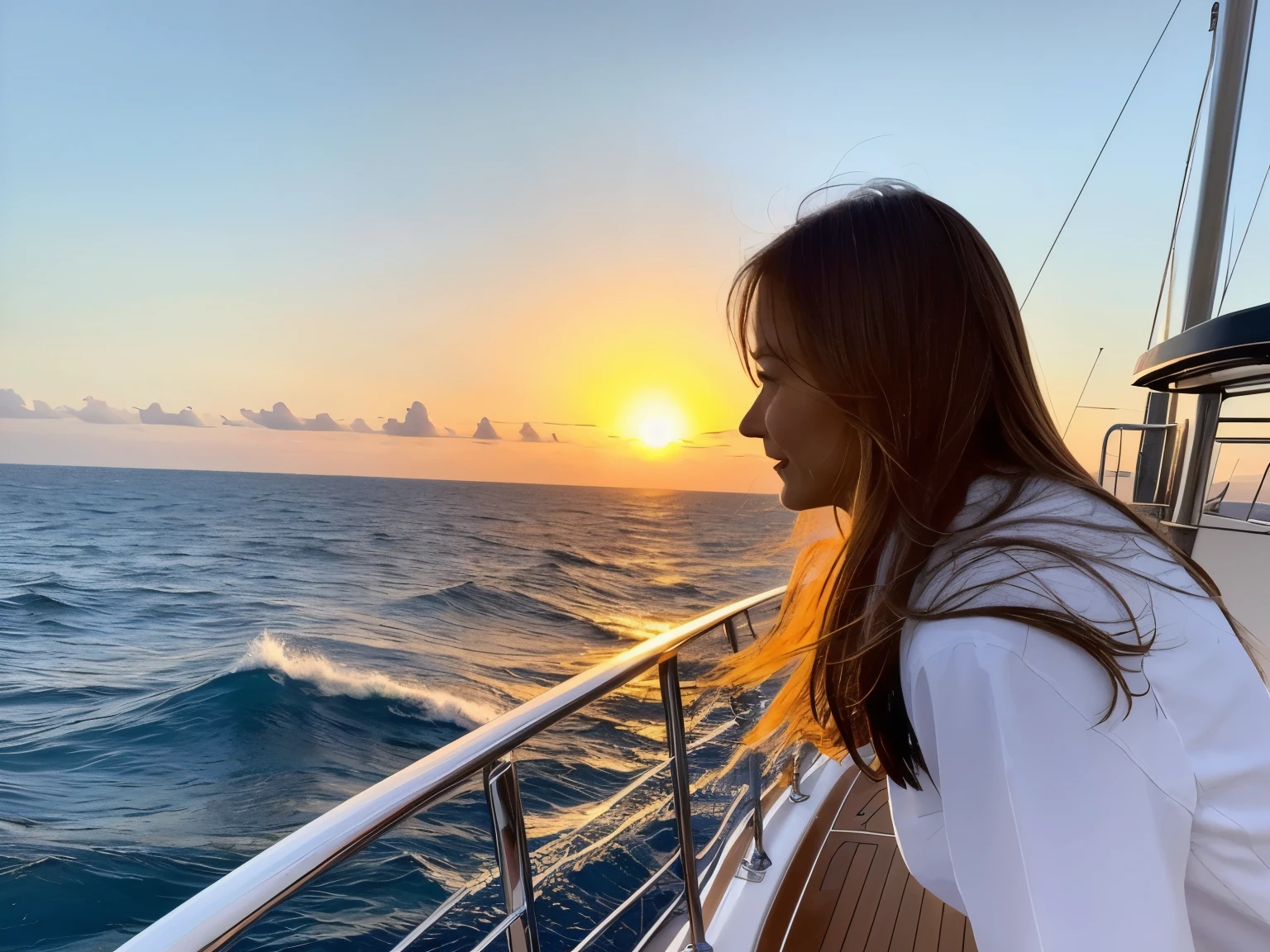((Top Quality)), ((8K)), ((Masterpiece: 1.3)), (Perfect Appearance), (Photorealism: 1.6), (The stern of a pleasure boat sailing on the ocean), (Stand on the stern and look at the sea behind the pleasure boat), (stern deck handrail:1.2), (wake waves spreading between the waves), sky stained by the setting sun, cloudy sky, back view, (Long hair tossed in the wind), back view, Focus on the upper body