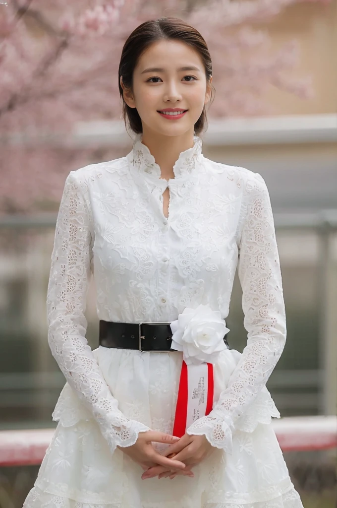 (on the table, best quality, realistically, super detailed, meticulous, High resolution, 8k wallpaper), Close-up portrait of a beautiful woman, like, Smile, light brown messy hair, Perfect dynamic composition, 美丽meticulous的眼睛, Just like the cover of a fashion magazine, on campus