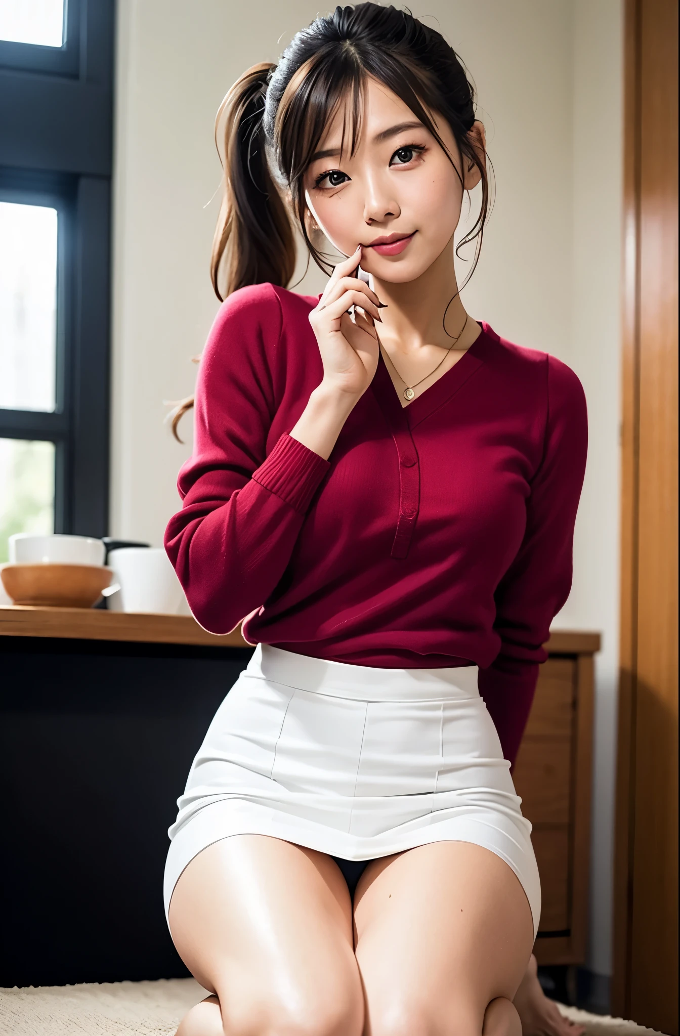 real photos、Highest imYear quality、Beautiful woman、beautiful thighs、beautiful face、real imYear、連邦軍の制服mini skirt、ponytail、Yuriko Yoshitaka、Year日本人女性、Mrs. Bowe、pretty girl、white pantiesが丸見え、1６Year、（white panties:1.3）、highest quality、8K、masterpiece、nffsw:1.2)、19-year-old slender beauty，Flashy makeup with red eyeshadow，mouth wide open、Yo-ho、double eyelid，繊細なミッドカットponytail，squatting down、spread legs，　show white panties,Her white panties are clearly visible、セクシーなチャイナドレスとシルクのmini skirt，best smile，mini skirt、beautiful thighs、white panties、赤いmini skirtがめくれてwhite pantiesが見えてる