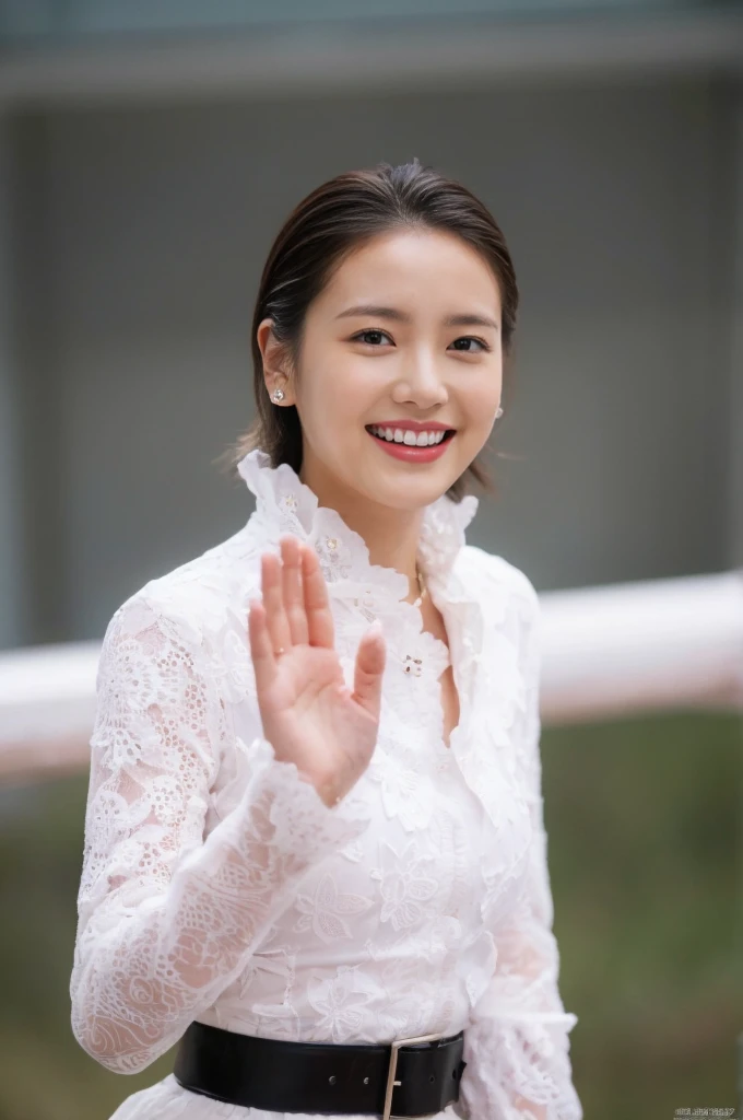 (on the table, best quality, realistically, super detailed, meticulous, High resolution, 8k wallpaper), Close-up portrait of a beautiful woman, like, Smile, light brown messy hair, Perfect dynamic composition, 美丽meticulous的眼睛, Just like the cover of a fashion magazine, on campus