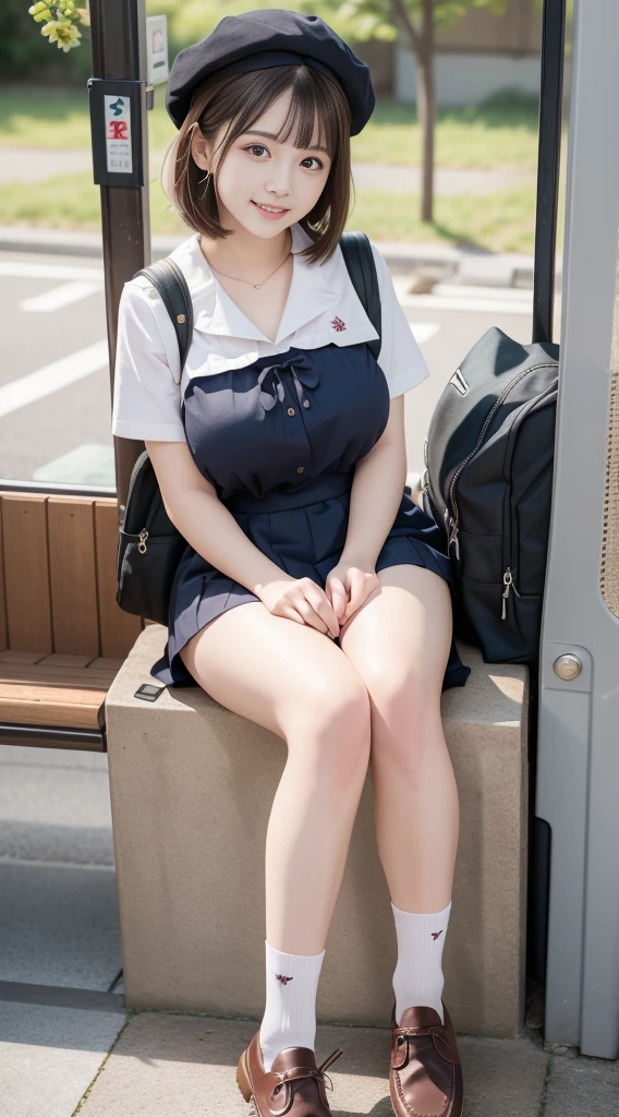 highest quality,super detailed,masterpiece,realistic,Photoreal,bright lighting,1 girl, very cute girl, (cute:1.2),A bursting smile, black eye,black haired,bob cut,beret、(bangs),perfect shiny skin,perfect skin,((erotic,Sexy)),Huge  ,big breasts thin waist, low length、look at the audience,sailor suit,high school uniform:1.2、short sleeve,tie,sit on top,socks、Futomo、rucksack、(loafer shoes), daytime,Inside the bus,