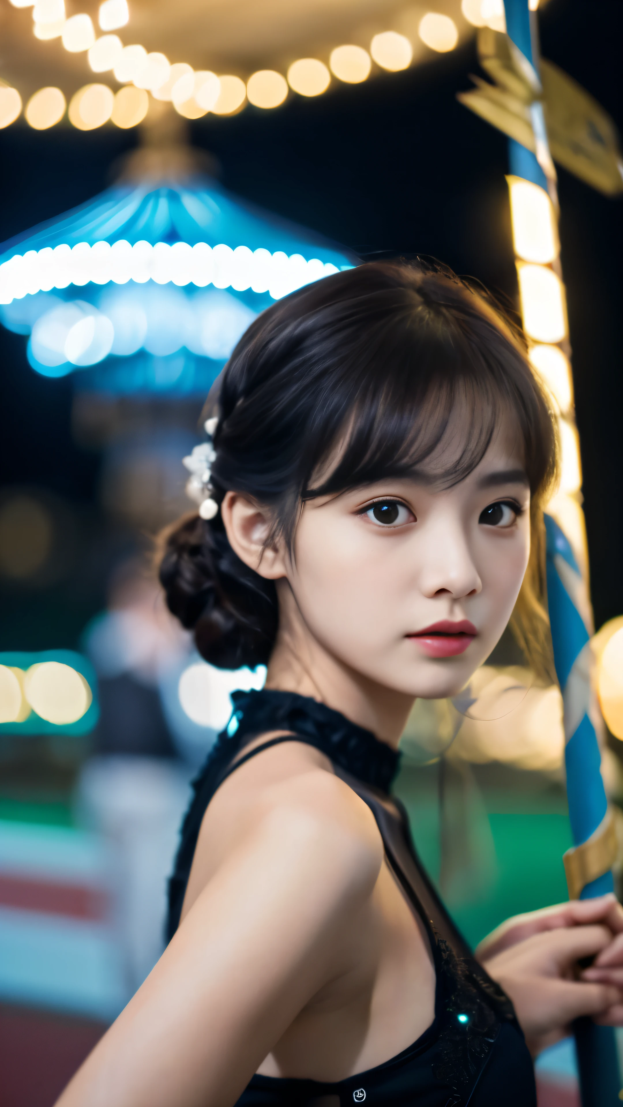 (8k, RAW photo, best quality, masterpiece:1.2), (realistic, photo-realistic:1.37) , 1girl, (carousel, night), miaoxiaoji(secret_tea), detailed face, detailed eyes, black dress