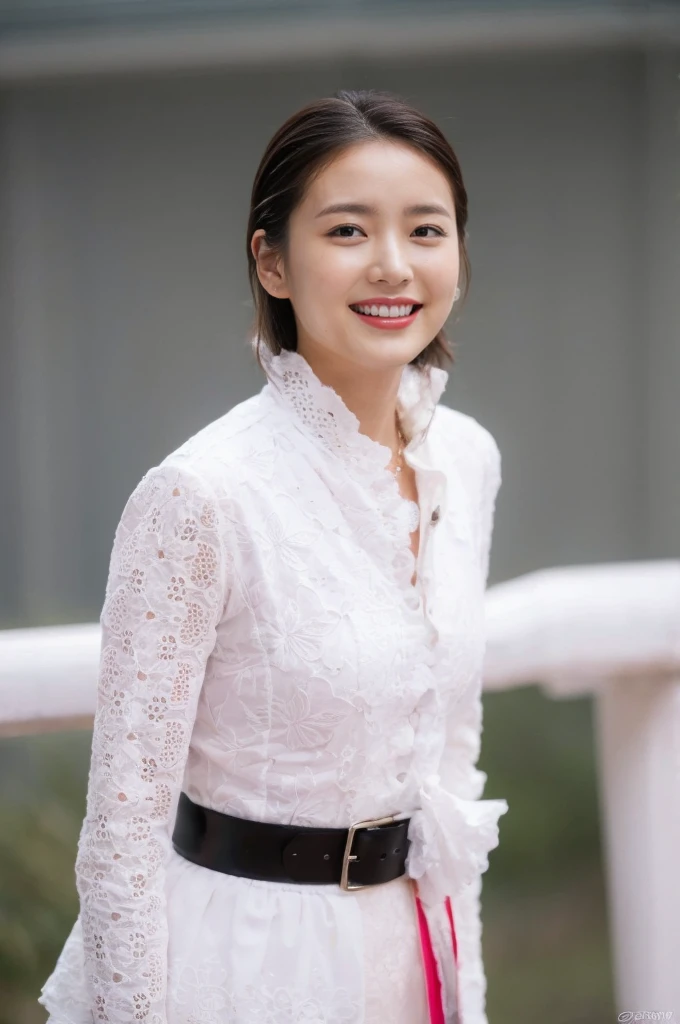 (on the table, best quality, realistically, super detailed, meticulous, High resolution, 8k wallpaper), Close-up portrait of a beautiful woman, like, Smile, light brown messy hair, Perfect dynamic composition, 美丽meticulous的眼睛, Just like the cover of a fashion magazine, on campus