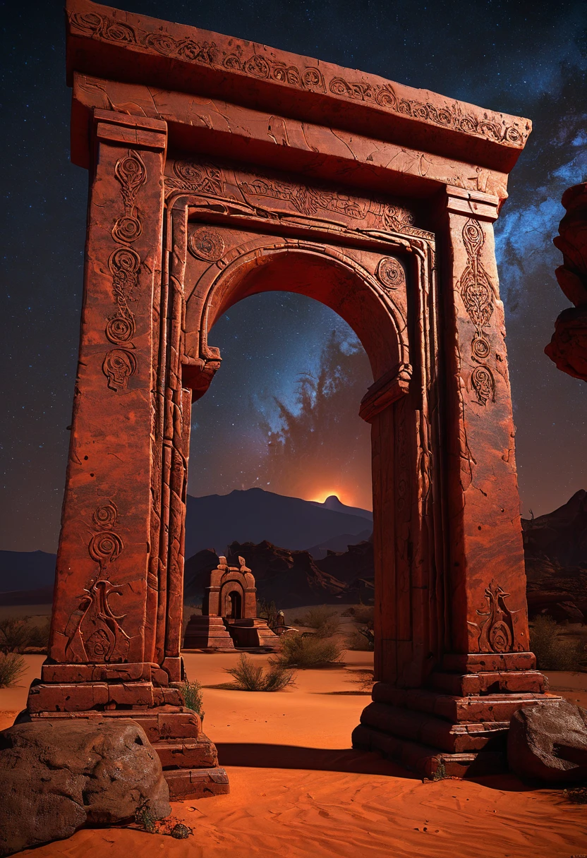 landscape, scorched earth, red earth, dimensional gate, demonic energy, portal (object), giant arch with statues, particles, desert, night, stars, volumetric lighting, best quality, masterpiece, hand painted textures, intricate details, realistic, wrcrft