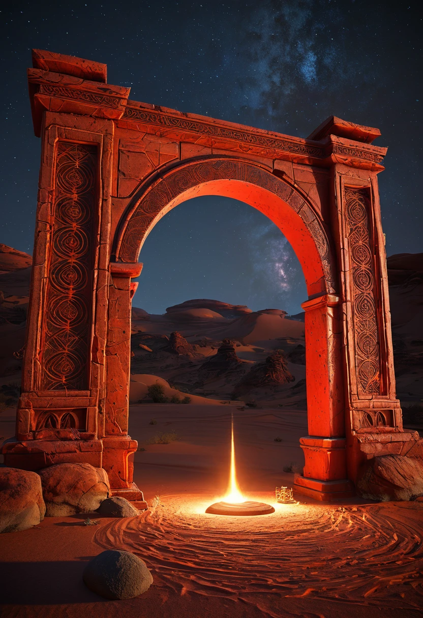 landscape, scorched earth, red earth, dimensional gate, demonic energy, portal (object), giant arch with statues, particles, desert, night, stars, volumetric lighting, best quality, masterpiece, hand painted textures, intricate details, realistic, wrcrft