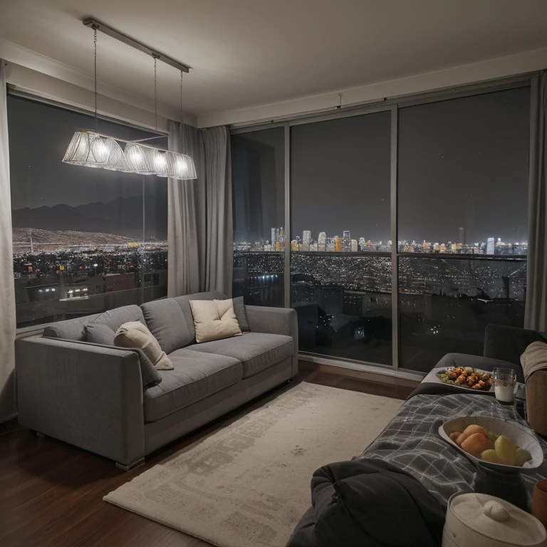Make a landscape of an apartment at night in Santiago de Chile and a large gray sofa on the table there are bags with food at night