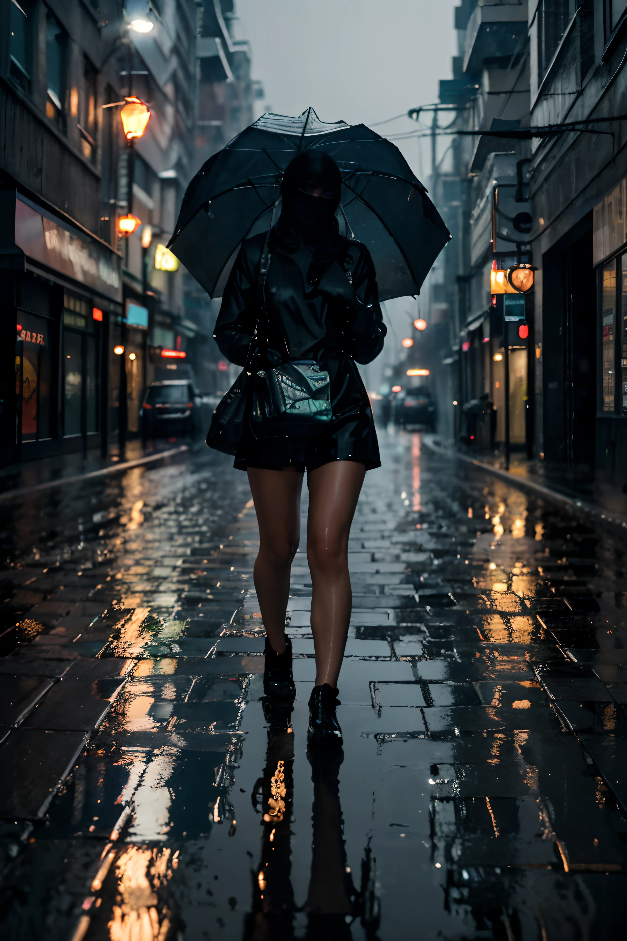 (best quality, highres, ultra-detailed), rainy night, cityscape, wet streets, glowing streetlights, reflections, people with umbrellas, puddles, misty atmosphere, shimmering raindrops, neon lights, blurred headlights, lonely figures, dark shadows, glistening pavement, damp buildings, atmospheric lighting, moody vibe, cinematic feel