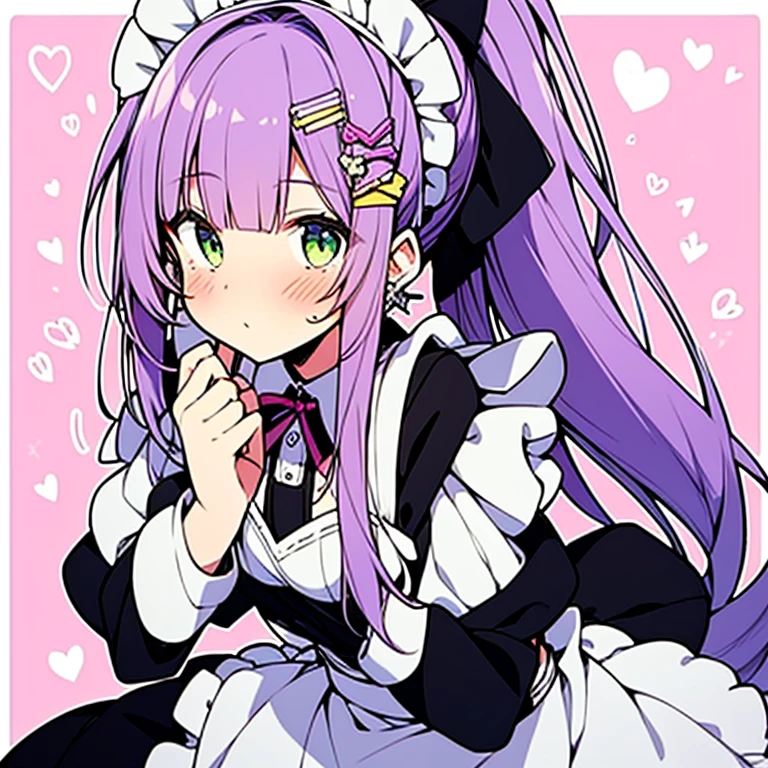 1 girl, beautiful purple hair, smooth purple hair, ponytail hair, stylish purple ponytail hair, jewel-like yellow-green eyes, sparkling yellow-green eyes, cute maid outfit, very cute maid outfit, shy expression, blushing cheeks and shyness, cute shy expression, light pink background, pastel cute pink background, soft and fluffy atmosphere, soft and gentle atmosphere, very cute, cute