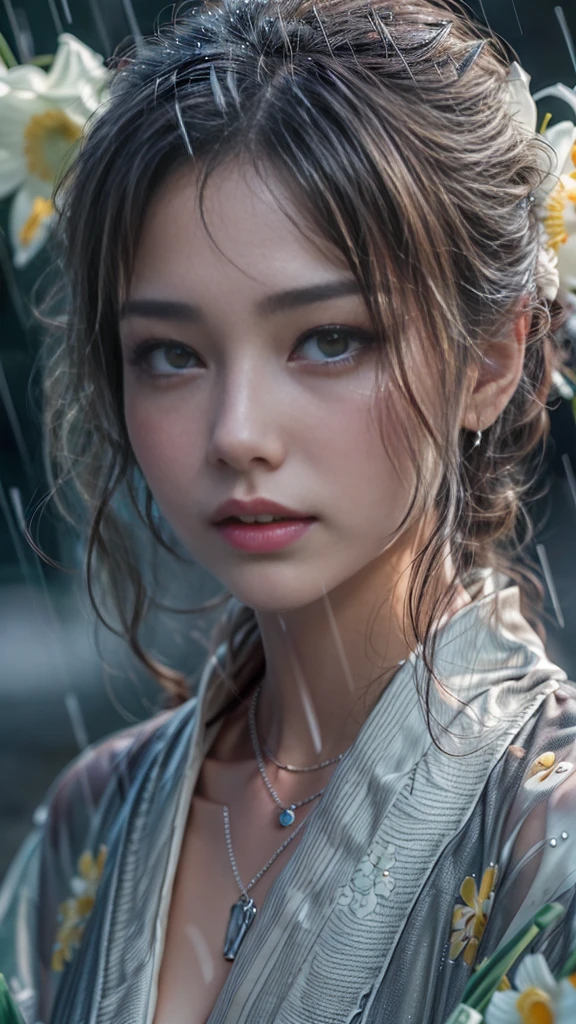 (Photoreal:1.5, 8K, highest quality:1.3, masterpiece, ultra high resolution), (((heavy snow, Blizzard))), Highly detailed skin and facial textures:1.3, perfect dynamic composition:1.2, (In front of a shrine at night in a modern city, expression of sadness:1.0, Tears are flowing:1.0, cry with a broken heart:1.0), Slim office lady wet in the rain:1.2, cowboy shot, Fair skin:1.2, sexy beauty:1.1, perfect style:1.2, beautiful and aesthetic:1.1, very beautiful face:1.2, water droplets on the skin, (rain drips all over my body:1.2, wet body:1.2, wet hair:1.3), (Professional kimono dressing:1.1, Bouquet of wet daffodils in hand:1.2, Wearing a wet silver kimono correctly:1.3), (Medium chest, Bra see-through, Chest gap), (Big eyes that exude beautiful eroticism:0.8, adult charm:0.8, Bewitching:0.8), necklace, earrings, bracelet, wedding ring, Highly detailed and accurate hand and finger representation