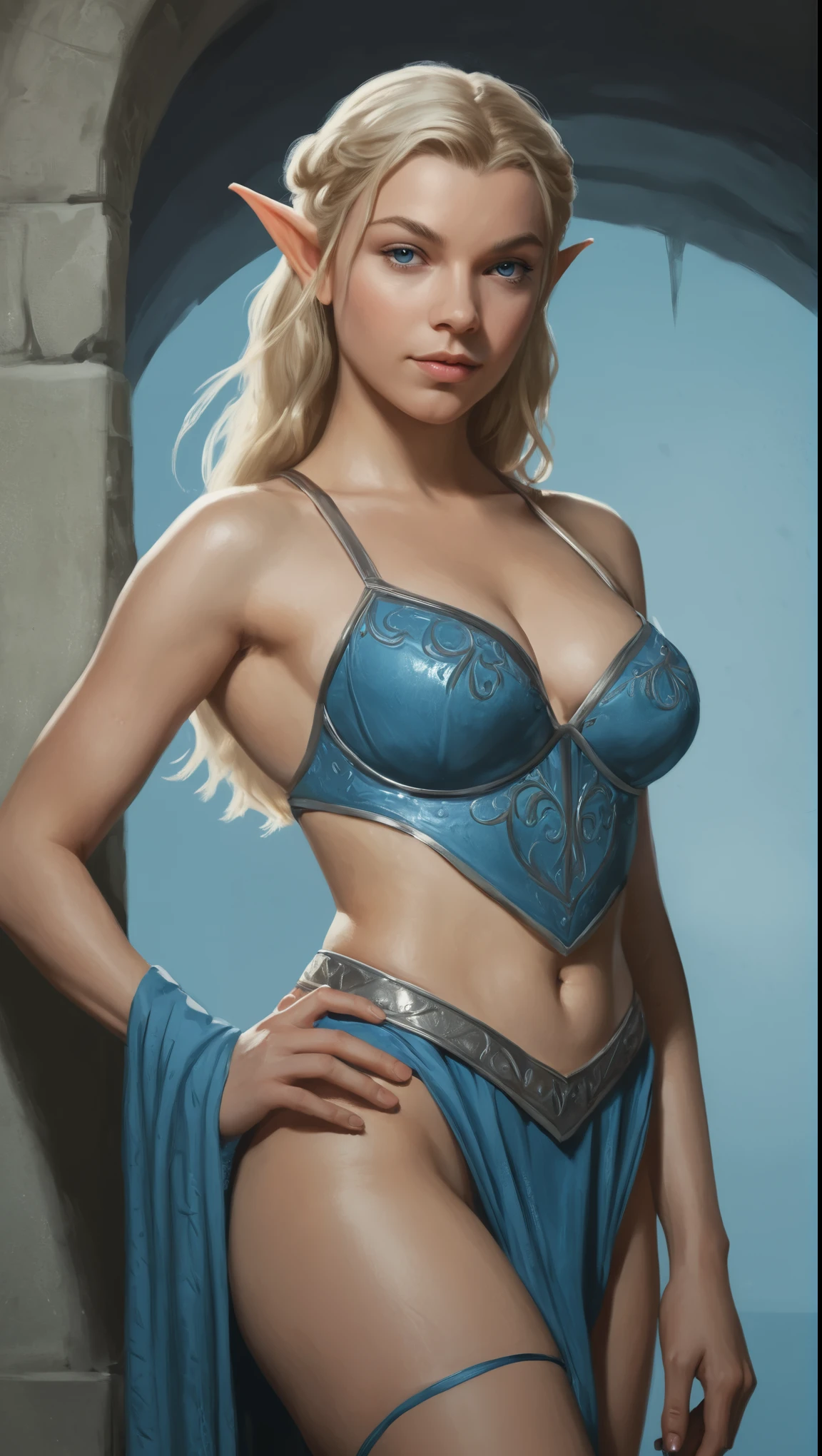 An illustrated movie poster, hand-drawn, full color, a teenage elven girl, wearing a loincloth, resembles Natalie Dormer, sun-tanned complexion, very tall, athletic body, hourglass figure, curvy, slightly chubby, bottom-heavy, generous hips, massive bubble-butt, long legs, ridiculously thick powerful thighs, azure blue eyes, long pointy elf ears, platinum blonde hair, long loose waves, posing in a bathhouse, wet glistening skin, hard shadows, graphite shading, stencil marks, airbrushed acrylic paint, masterpiece, in the style of Skyrim