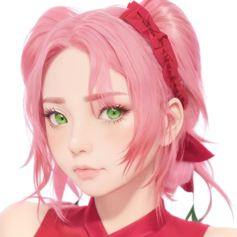 sakura, pretty detailed face, green eyes, wearing red head band, pink hair, soft look, pouting, red ninja dress