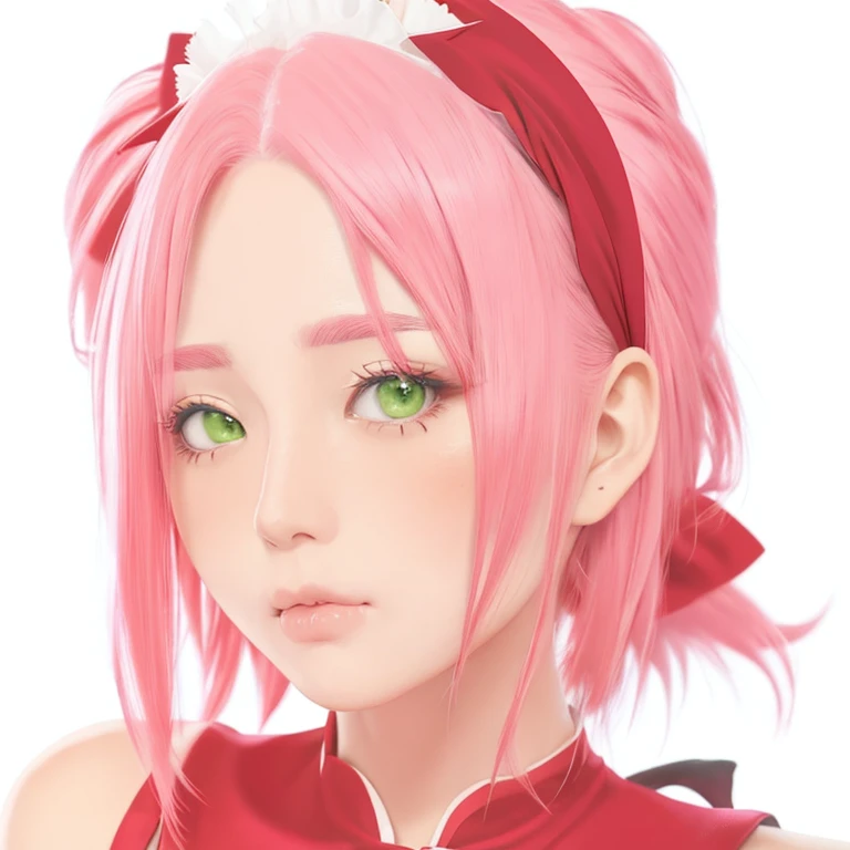 sakura, pretty detailed face, green eyes, wearing red head band, pink hair, soft look, pouting, red ninja dress