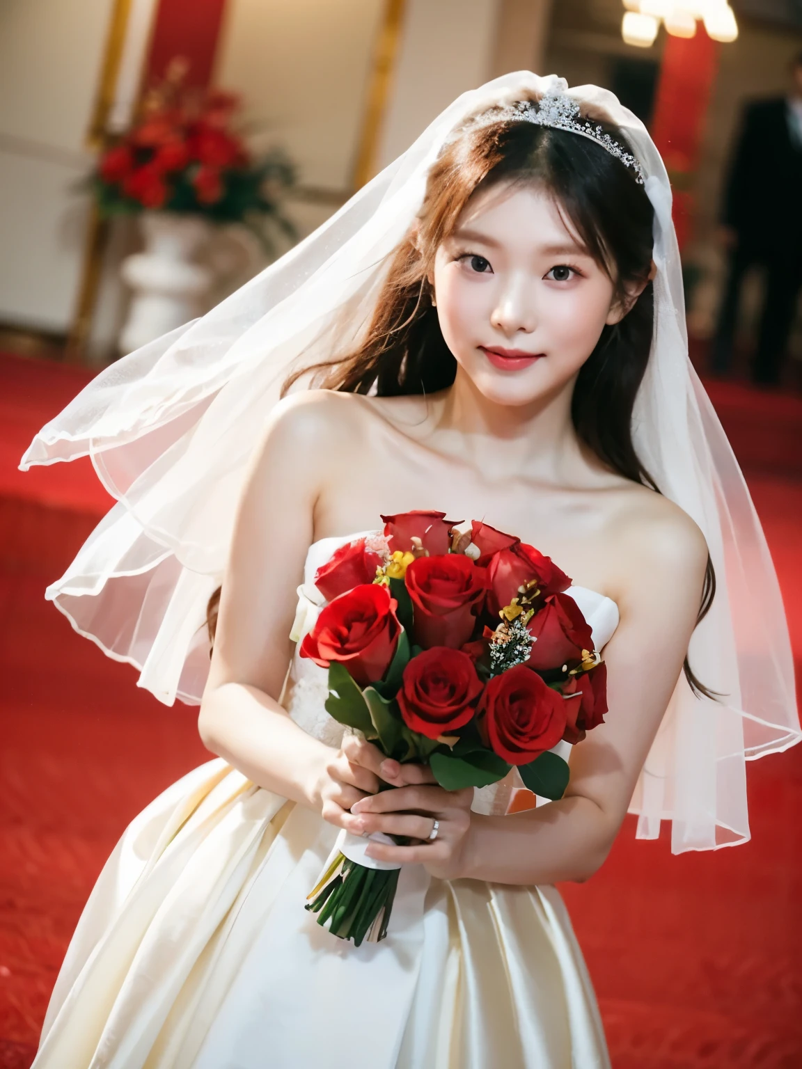 Close-up photo of a Korean woman, bride at wedding, white dress, wedding ceremony, holding a bouquet of red flowers, picture in front, Film tone