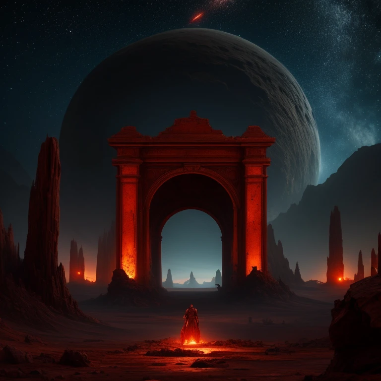 landscape, scorched earth, red earth, dimensional gate, demonic energy, portal (object), giant arch with statues, particles, desert, night, stars, volumetric lighting, best quality, masterpiece, hand painted textures, intricate details, realistic, wrcrft