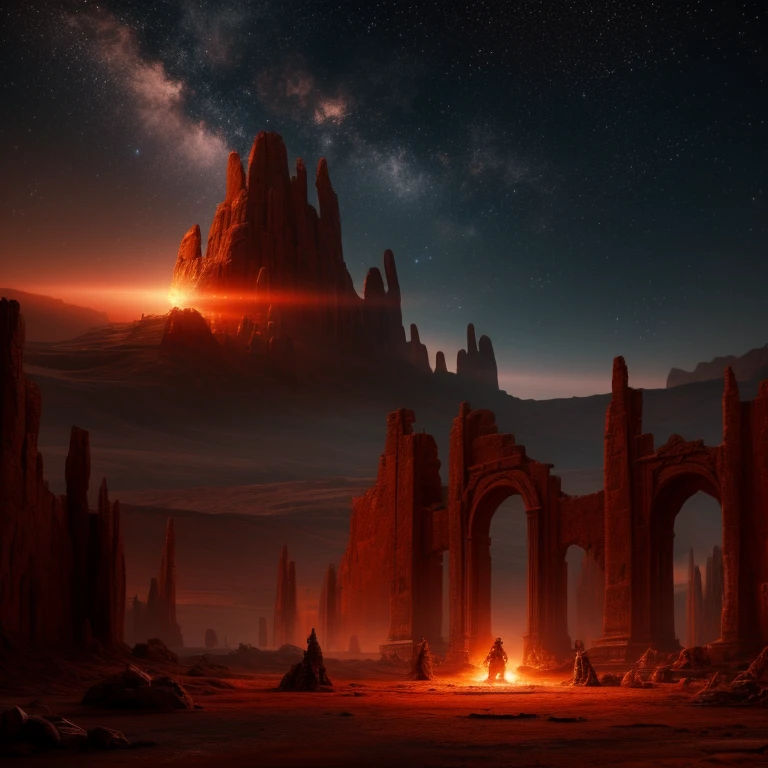 landscape, scorched earth, red earth, dimensional gate, demonic energy, portal (object), giant arch with statues, particles, desert, night, stars, volumetric lighting, best quality, masterpiece, hand painted textures, intricate details, realistic, wrcrft