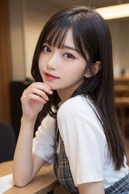 , short sleeve shirt, High socks, Loafers,plaid skirt,finely, High resolution, high quality、完璧なダイナミックな構figure, detailed and beautiful eyes, natural makeup, white and fine skin,small mouth,、20 year old girl、1 person、transparent skin、shining hair、、table top, 最high quality, figure, Super detailed, finely, High resolution, 8K、black hair,straight hair, blunt bangs, side bangs ,tactile hair, tendrils,, {thin eyebrows:1.2}, blush,Smirk,open mouth,Highly detailed CG Unity 8k wallpaper, of the highest quality, super detailed, masterpiece, Realistic, photograph realistic, extremely detailed cute girl,upward glance,上からの構figure,hands behind