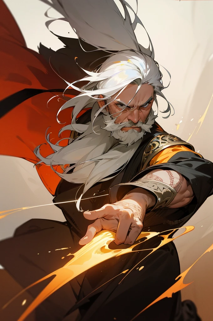 wise man, relaxed gaze, warrior's body, combat pose, white hair and beard, full body, background with vibrant colors, painting medium, intricate details, high resolution, detailed facial features, realistic portrait, dramatic lighting