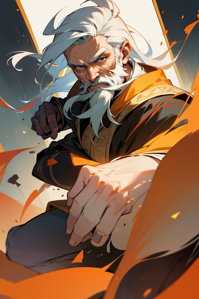 wise man, relaxed gaze, warrior's body, combat pose, white hair and beard, full body, background with vibrant colors, painting medium, intricate details, high resolution, detailed facial features, realistic portrait, dramatic lighting