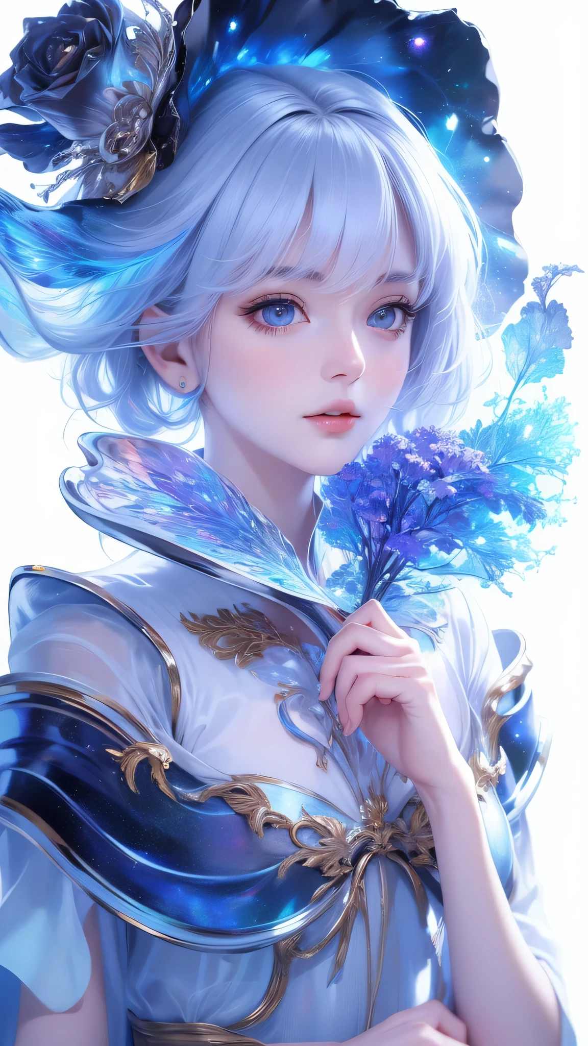 ((masterpiece)), (((best quality))), ((ultra-detailed)), ((illustration)),[realism light effect],shadow,(Fantasy style),(white background:1.6), simple background, (earth theme),(a cloak)[(hair focus,((1girl)),[(big slime hair): (cloud hair):0.3], (hair on background),(high saturation),(hair surrounded by galaxy splashes),)):((her hair is becoming galaxy clouds,:1.27628), (hair and clothes is galaxy clouds and cluster of stars:1.1025),(a cloak is becoming galaxy clouds)