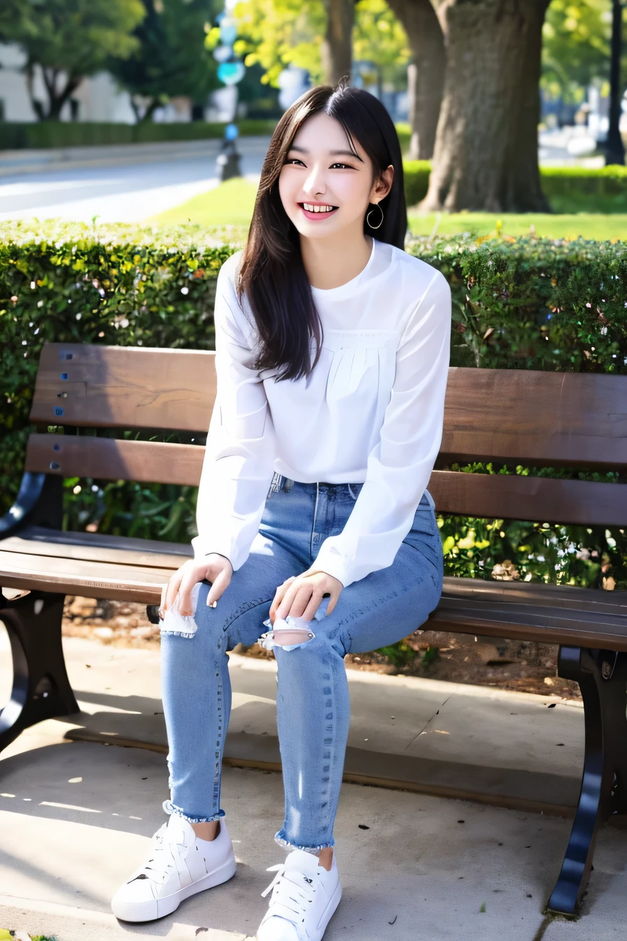 (highest quality)), ((masterpiece)), (get used to it), perfect face、((highest quality)), A neat and beautiful woman sitting on a park bench、long sleeve blouse、skinny denim、sneakers、black hair、smile、smile showing teeth、full body photo、ear piercing