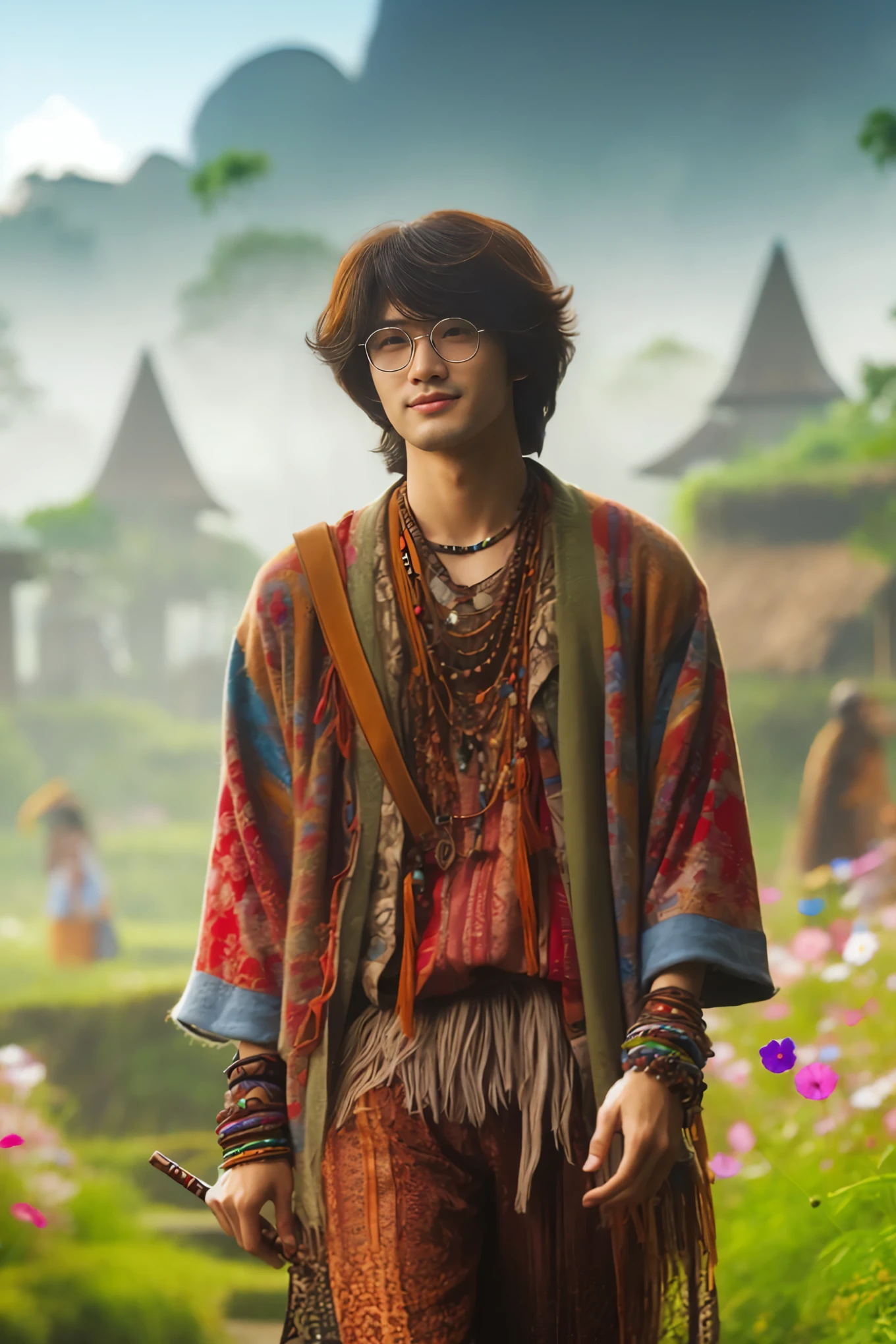arafed man in a colorful outfit standing in a field of flowers, goku as an asian man, inspired by Yamagata Hiro, inspired by Yang Borun, portrait shot, japanese live-action movie, handsome prince of persia, inspired by Rudy Siswanto, inspired by Taiyō Matsumoto, still from a live action movie