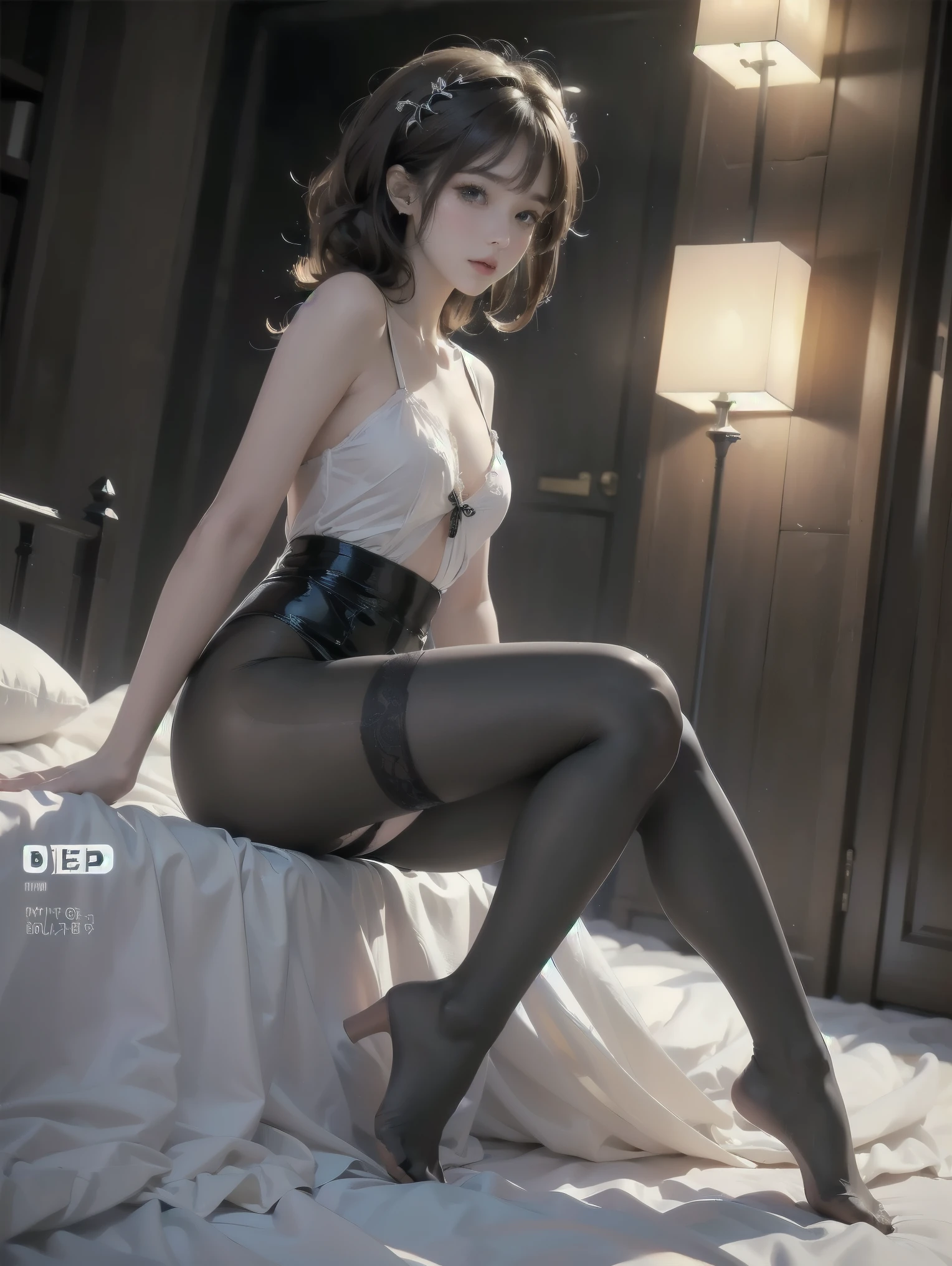 highest quality, masterpiece, Extremely detailed, (full body shot), Front view, symmetry, mature japanese , alone, (alone: 1.3), thin legs, whole body from head to toe, From above, sitting, M-shaped spread legs, look at the viewer: 1.3), small breasts, (Black sheer detail material and shiny tights): 1.2), Underwear made of white silk lace fabric through tights, very beautiful 17 year old girl, I don't have shoes, (blush: 1.3), shy big eyes, (short (brown hairy area), (bangs), messy hair, (hair clip), Lying on white sheets, I'm watching you: 1.3), look at the camera, You can see the white silk lace underwear, white lingerie, high blazer, high white blouse, high blue ribbon, High plaid and navy pleated skirt,
break
(pose to seduce a man: 1.3), (Charming genius girl:1.5), (Best lighting by famous artists: 1.2), 8K, ((Guidance on performing captivating poses by famous masters: 1.6)), ((thighs spread from side to side: 1.35)),
((deep い is written in the depth of the world:1.5)),