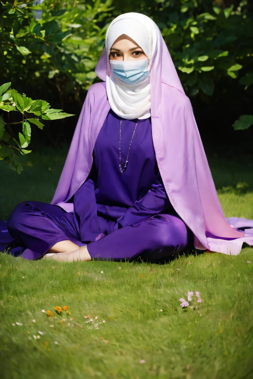 veil mouth mask hijabi purple, sitting on garden flower 