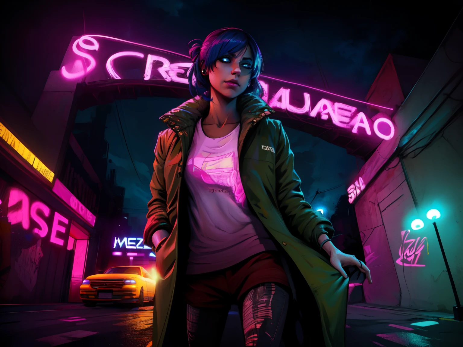 ((estilo anime)) traer,pelo multicolor,cabello rosado,blue eyes,grave,
chaqueta verde,Camisa blanca con logo,bermudas,pendientes,vaqueros,
de pie,parte superior del cuerpo,
(fondo ciudad de noche,neon lights,noche, muro con grafiti color rosa neon)
(incredibly detailed, hermoso rostro detallado,, obra maestra, Mejor calidad) cinematic lighting,