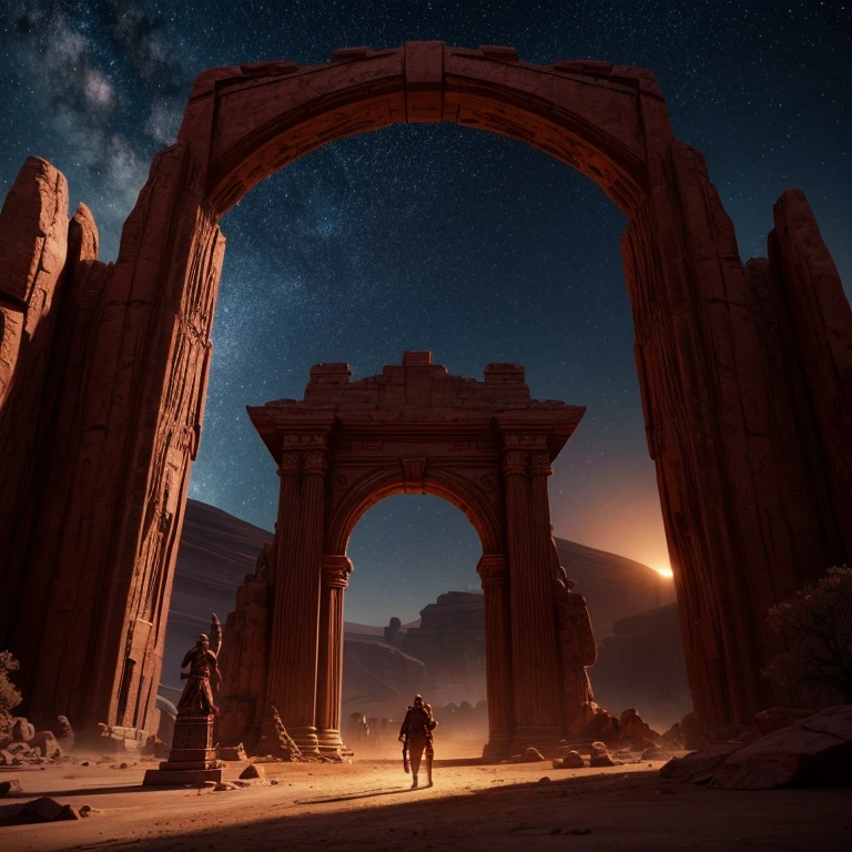 landscape, scorched earth, red earth, dimensional gate, demonic energy, portal (object), giant arch with statues, particles, desert, night, stars, volumetric lighting, best quality, masterpiece, hand painted textures, intricate details, realistic, wrcrft