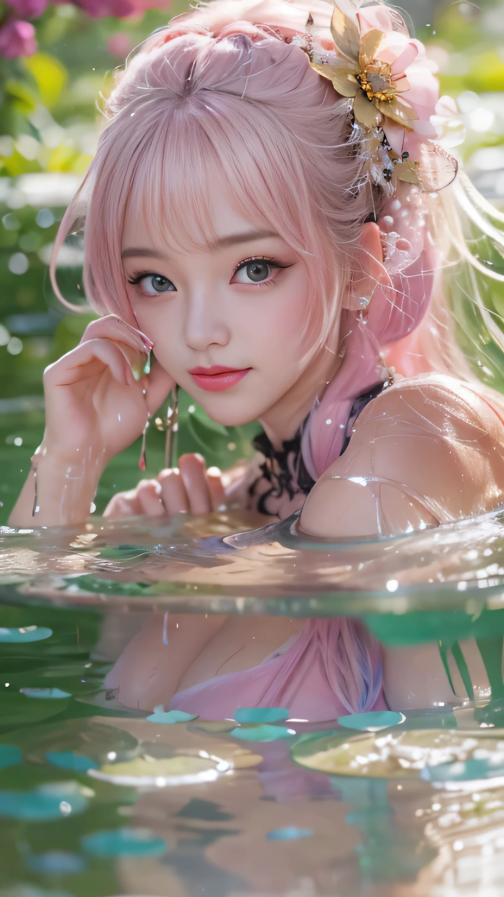 Woman Lying in the Pond by Monet、((Translucent pink lace long dress))、1 girl, striped hair, blonde hair, one side up, shiny hair, wet hair, long hair, many, Depth of the bounds written, spark of light, letterbox, one person&#39;s perspective, Lens flare, f/1.8, 135mm, canon, wide angle,   table top, anatomically correct, rough skin, Super detailed, advanced details, high quality, 最high quality, High resolution, 1080p, hard disk、enchanting smile, shine, surrealism, modern.（well-shaped chest,)、((sexy pose)))、(camel toe), very beautiful breasts、grab your chest with both hands、shiny skin。realistic、Photoreal:1.37)、(K-POPアイドル)、medium hair、(pink blush)、(illuminate)、(alone)、dynamic pose、((nipple))、(puffy eyes:1.２)、 (slim legs)、erotic、very detailed ambient occlusion、超A high resolution, Super realistic, very detailed,  ((she is wet)).Skunk cabbage flower、Summer afternoon、