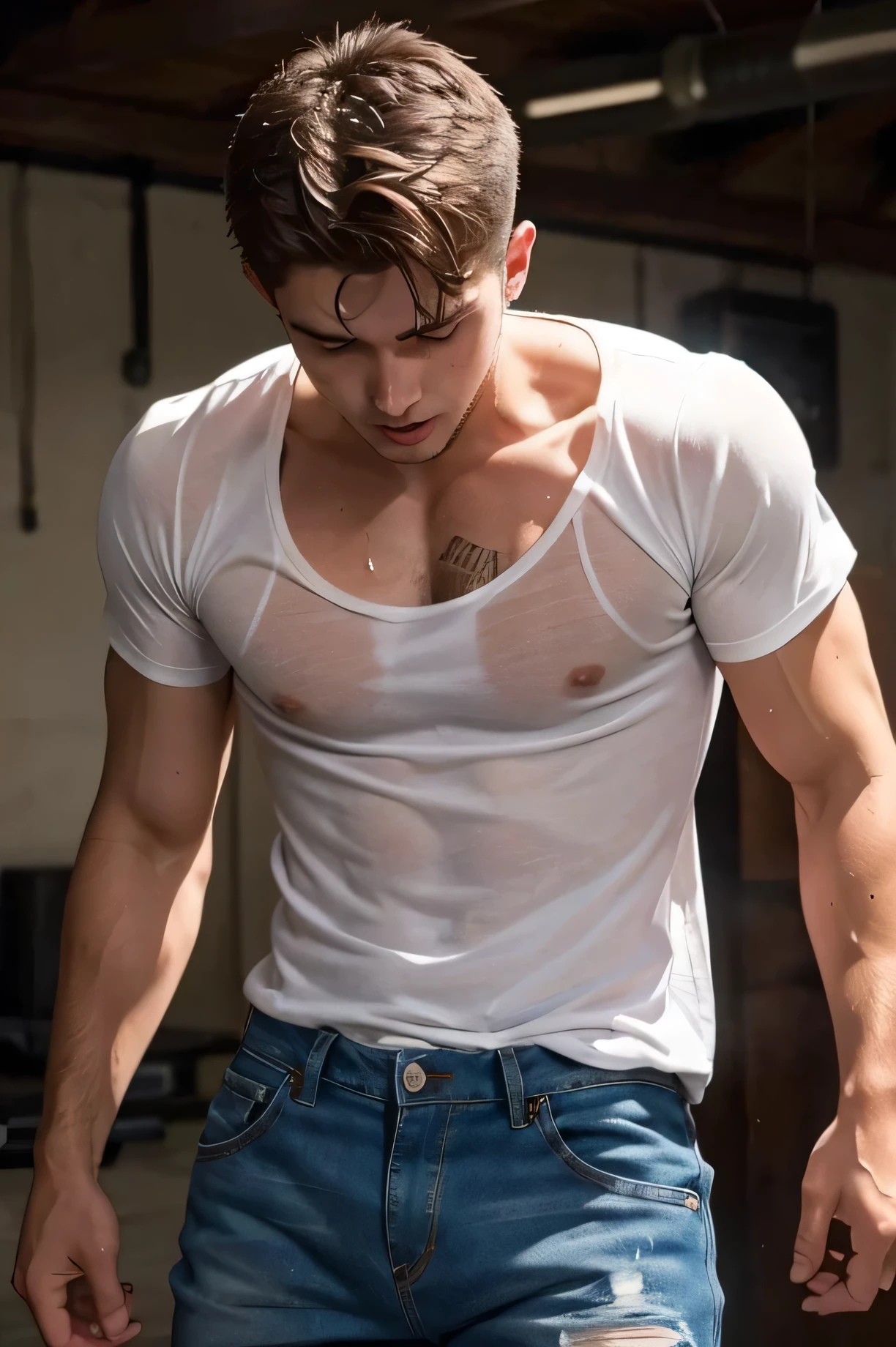 shirtless sweat-drenched 22-year old short brown hair caucasian male, tattered jeans, drenched with sweat 