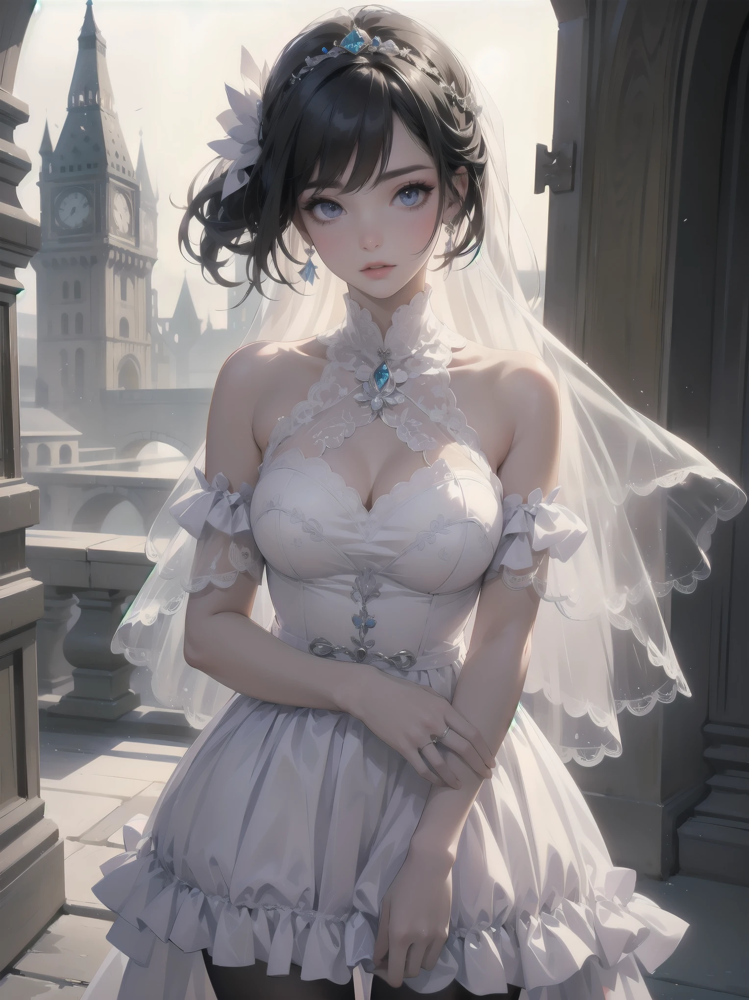 bride: wedding ring shining on ring finger Fusion of medieval European fashion Emphasis on elements of cuteness and adoration Posed illustration of the overwhelming cuteness of the character in the foreground Overwhelming architectural and cityscape background Ultra-detailed, rich, contemporary interpretation of medieval Europe and fantasy world Realistic textures, Professional artistic shading and light sources, scene-like cinematography and effects, depth of subject One beautiful girl, super cute, bob cut, side ponytail, perfect anatomy
Colours: pastel, white, pale purple, blue, gingham check
Materials: chiffon, lace, satin, velvet, etc. Silhouette: fluffy skirt, A-line, long length
Decoration: frills, ribbons, lace, pearls, embroidery etc. Coordinates Romantic princess: pastel dress, lace blouse, fluffy skirt, ribbon hair accessory, black tights Add accessories and accessories to personalise.