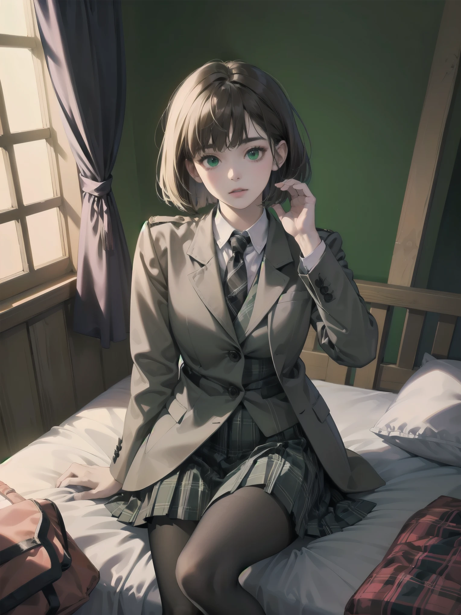 Top-High quality、Highest image quality、masterpiece、high contrast、Vulgarity、high school girl、on the bed、brown hair、bob cut、uniform、(brown blazer)、ribbon tie、(Green and gray plaid skirt)、(black tights)、cinematic lighting、fine shading