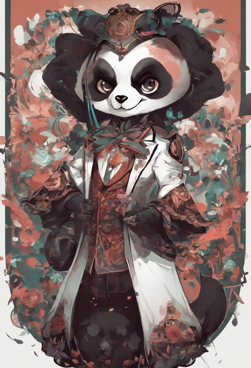 anthropomorphic panda, de cuerpo entero, vestido formalmente con un blazer, sostiene una bandeja, pegatina de panda, sticker de panda.