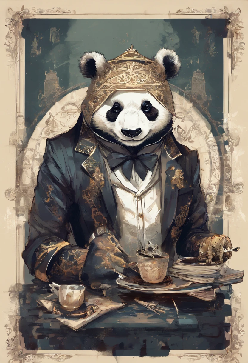 anthropomorphic panda, de cuerpo entero, vestido formalmente con un blazer, sostiene una bandeja, pegatina de panda, sticker de panda.