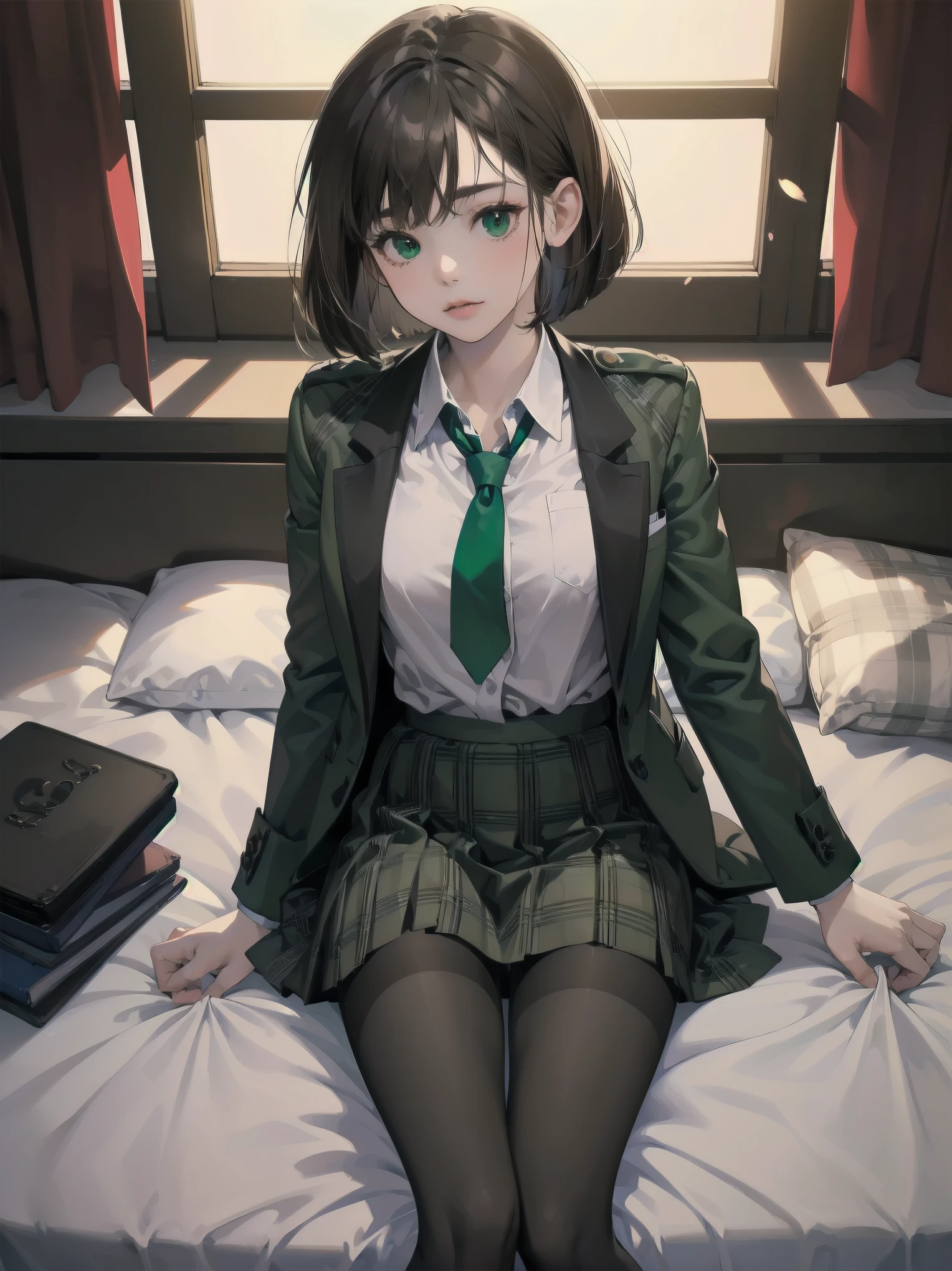 Top-High quality、Highest image quality、masterpiece、high contrast、Vulgarity、high school girl、on the bed、brown hair、bob cut、uniform、(brown blazer)、ribbon tie、(Green and gray plaid skirt)、(black tights)、cinematic lighting、fine shading