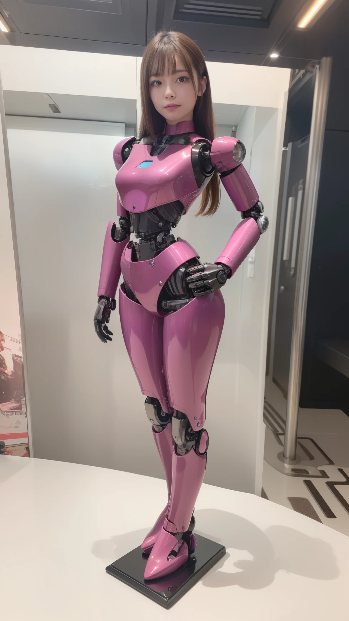 (Photorealsitic:1.4)、one robot woman、(top-quality)、(hyperdetailed face)、(Super well-formed face)、(Robot Parts)、(Female-Robot)、(25 years-old)、(Blue)、(pink there)、(Burgundy)、(metallic)、(full-body)、(sexy pose)、(Slender body)、(Model body type)、(full body mech)、(mechanical exposure)、(Akihabara)、(is looking at the camera)、(A brown-haired)、(Well-proportioned body)、(a small face)、(a small head)、(well-groomed fingers)、(Idol)、(front facing)、(Standing with legs open)、(Photo session)、(Looks sad)、(perfect-female-robot)、(perfect-mechanical-body)