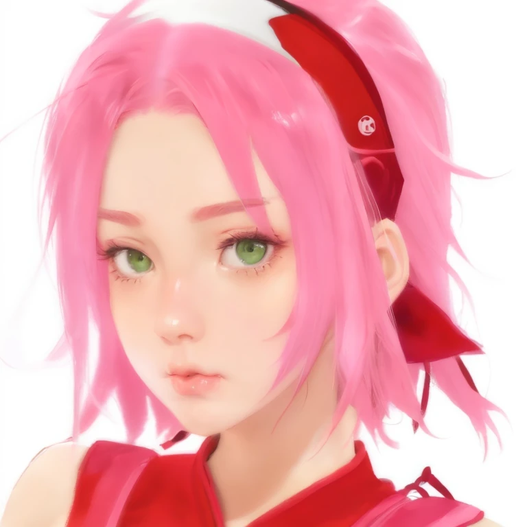 sakura, pretty detailed face, green eyes, wearing red head band, pink hair, soft look, pouting, red ninja dress
