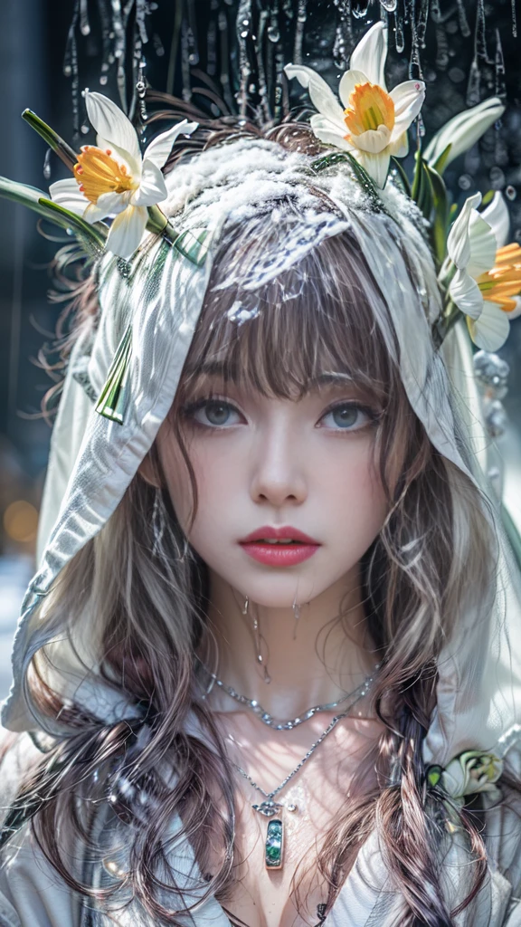 (Photoreal:1.5, 8K, highest quality:1.3, masterpiece, ultra high resolution), (((heavy snow, Blizzard))), Highly detailed skin and facial textures:1.3, perfect dynamic composition:1.2, (In front of a shrine at night in a modern city, expression of sadness:1.0, Tears are flowing:1.0, cry with a broken heart:1.0), Slim office lady wet in the rain:1.2, cowboy shot, Fair skin:1.2, sexy beauty:1.1, perfect style:1.2, beautiful and aesthetic:1.1, very beautiful face:1.2, water droplets on the skin, (rain drips all over my body:1.2, wet body:1.2, wet hair:1.3), (Professional kimono dressing:1.1, Bouquet of wet daffodils in hand:1.2, Wearing a wet silver kimono correctly:1.3), (Medium chest, Bra see-through, Chest gap), (Big eyes that exude beautiful eroticism:0.8, adult charm:0.8, Bewitching:0.8), necklace, earrings, bracelet, wedding ring, Highly detailed and accurate hand and finger representation